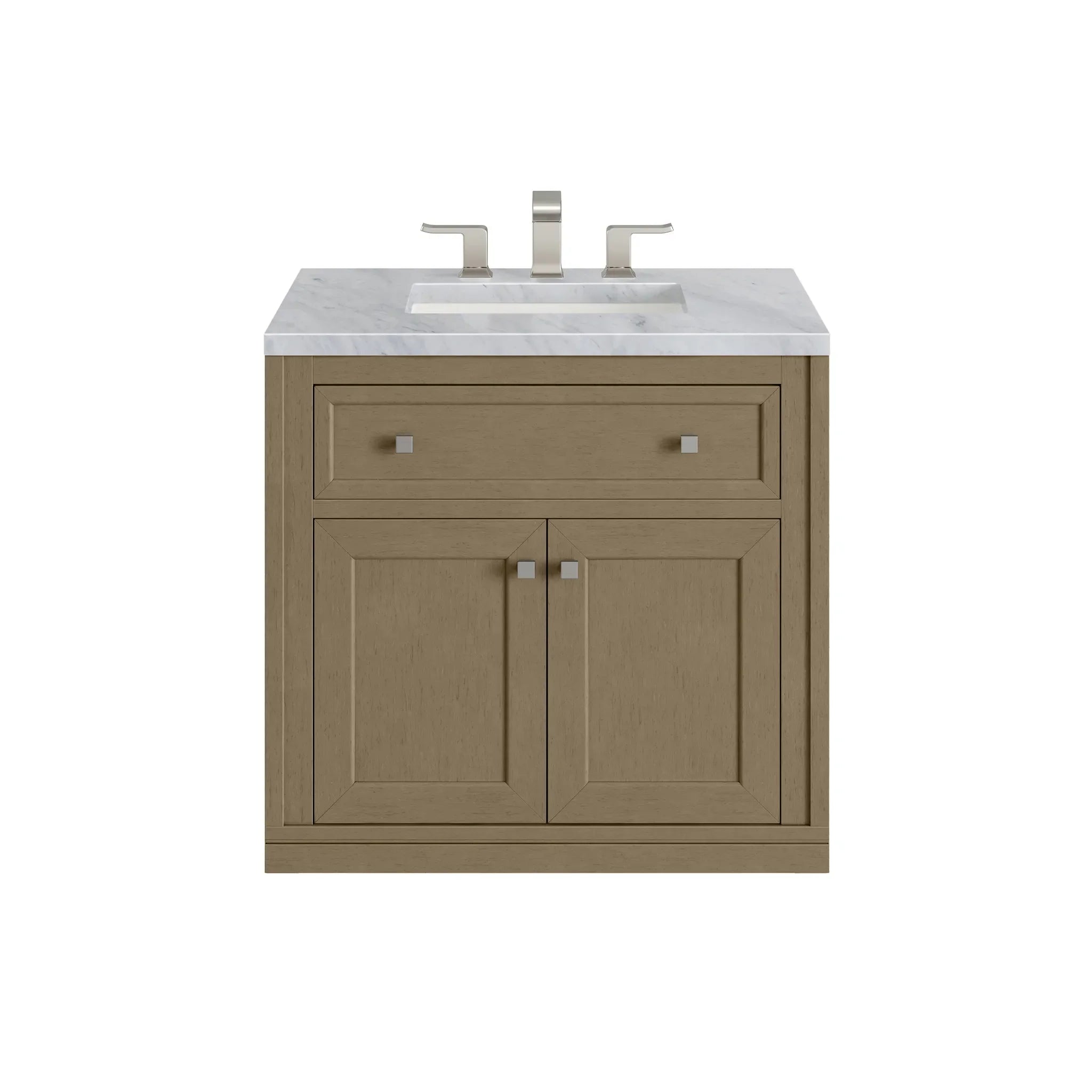 30" Chicago Single Vanity in Walnut Whisper-Carrara White Marble-8" Widespread image 2