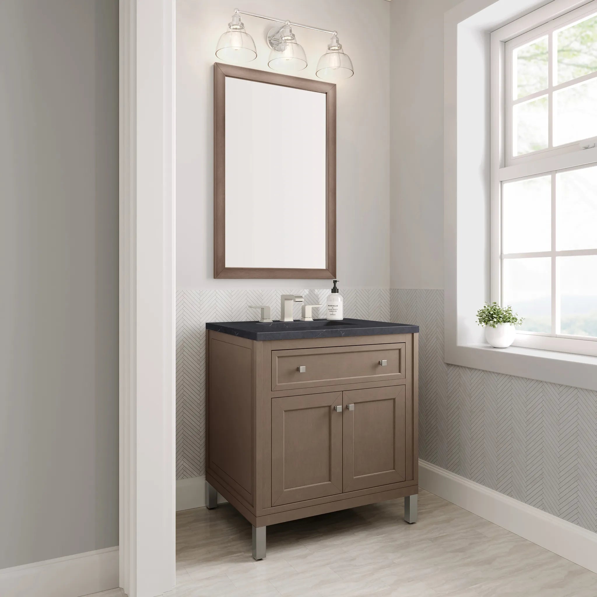 30" Chicago Single Vanity in Walnut Whisper-Charcoal Soapstone Silestone-8" Widespread image 8