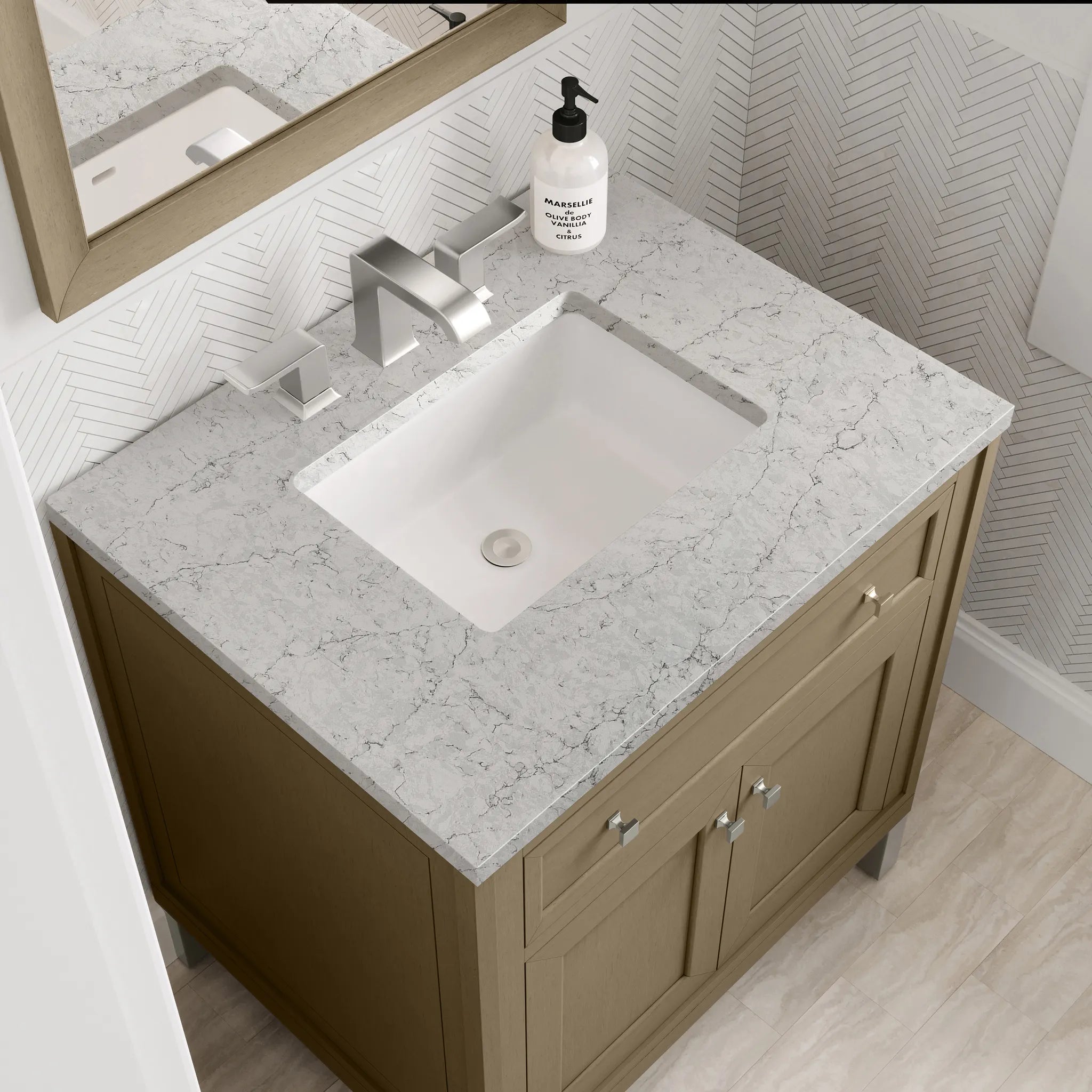 30" Chicago Single Vanity in Walnut Whisper-Eternal Jasmine Pearl Silestone-8" Widespread image 13