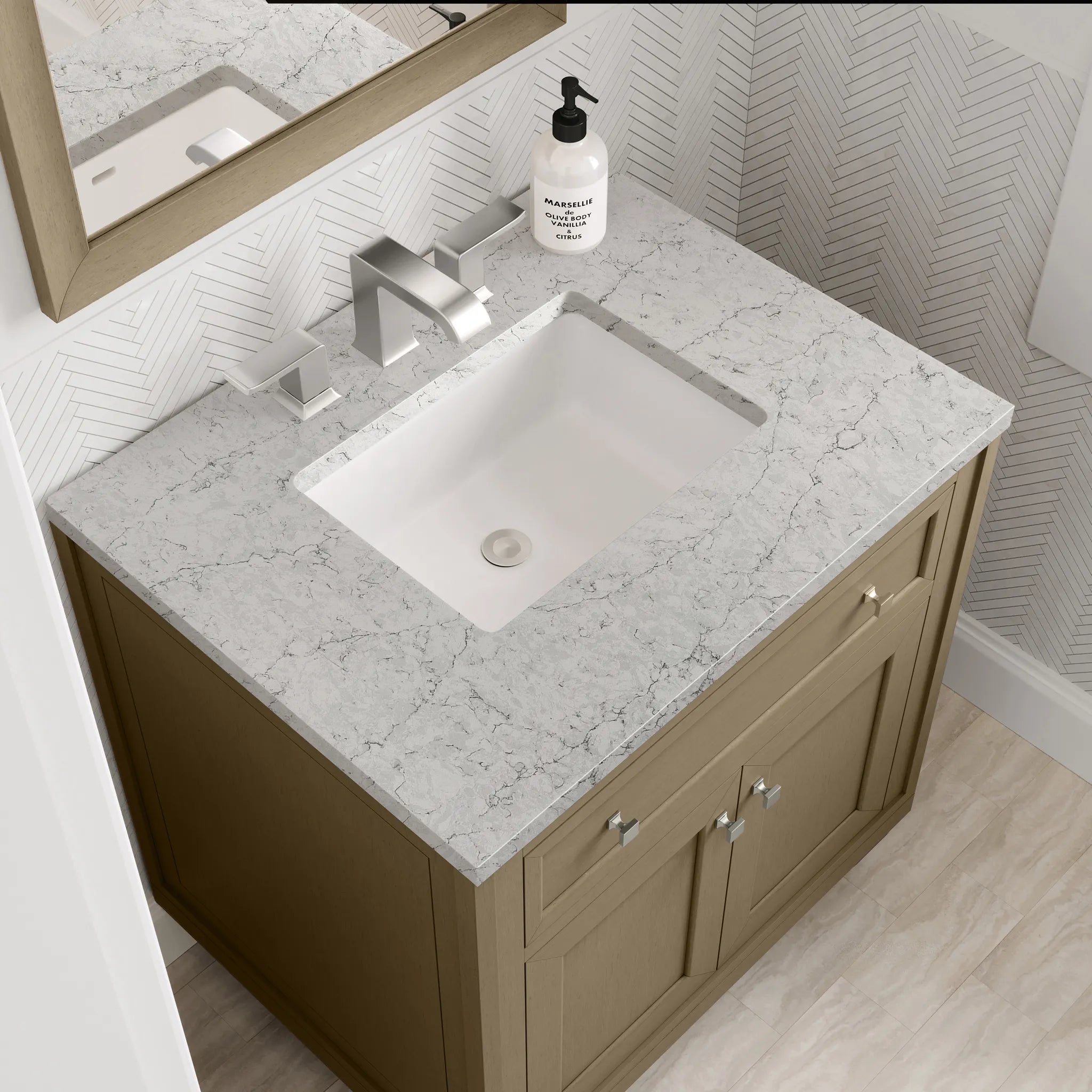 30" Chicago Single Vanity in Walnut Whisper-Eternal Jasmine Pearl Silestone-8" Widespread image 14