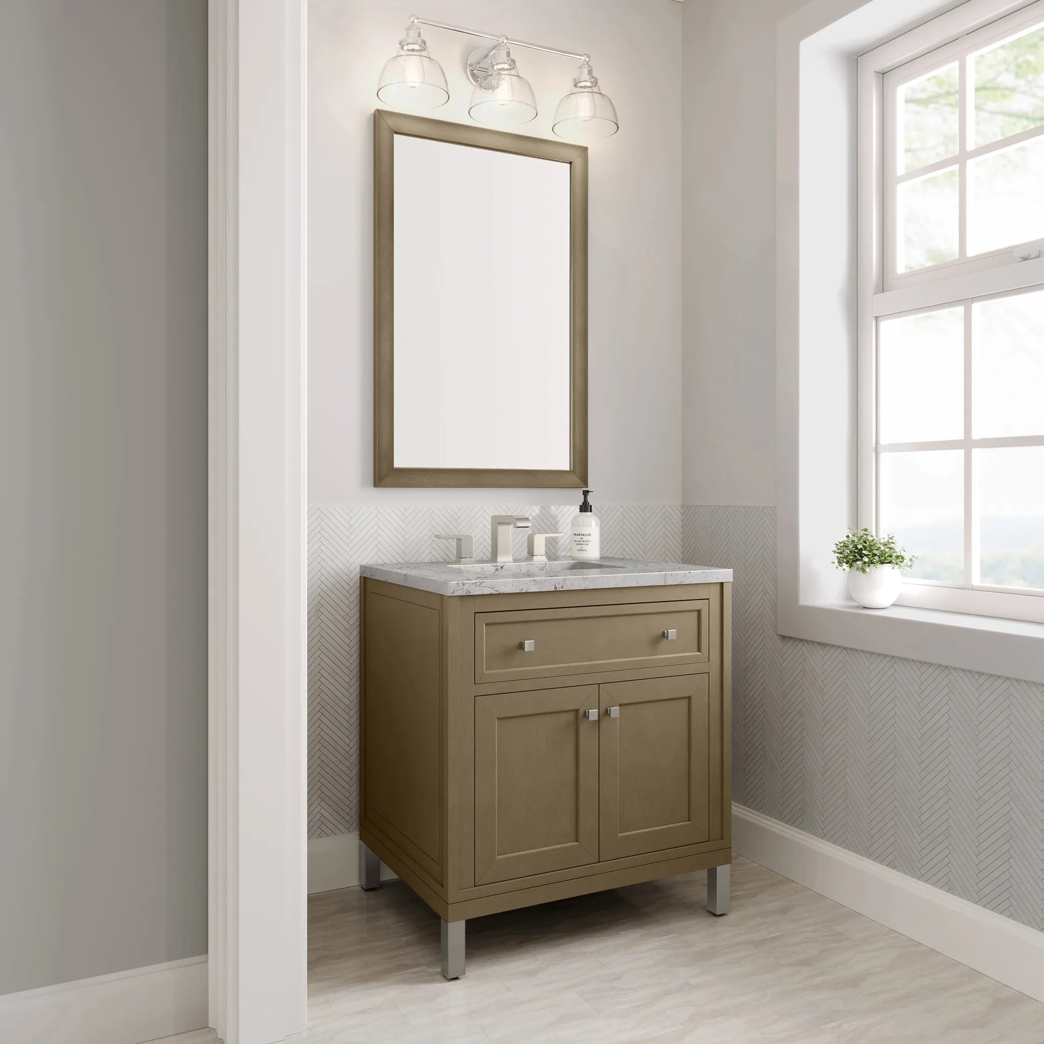 30" Chicago Single Vanity in Walnut Whisper-Eternal Jasmine Pearl Silestone-8" Widespread image 8