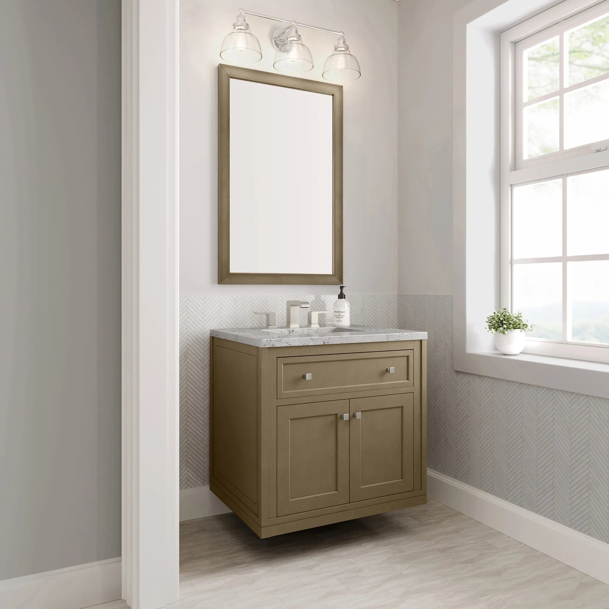30" Chicago Single Vanity in Walnut Whisper-Eternal Jasmine Pearl Silestone-8" Widespread image 9