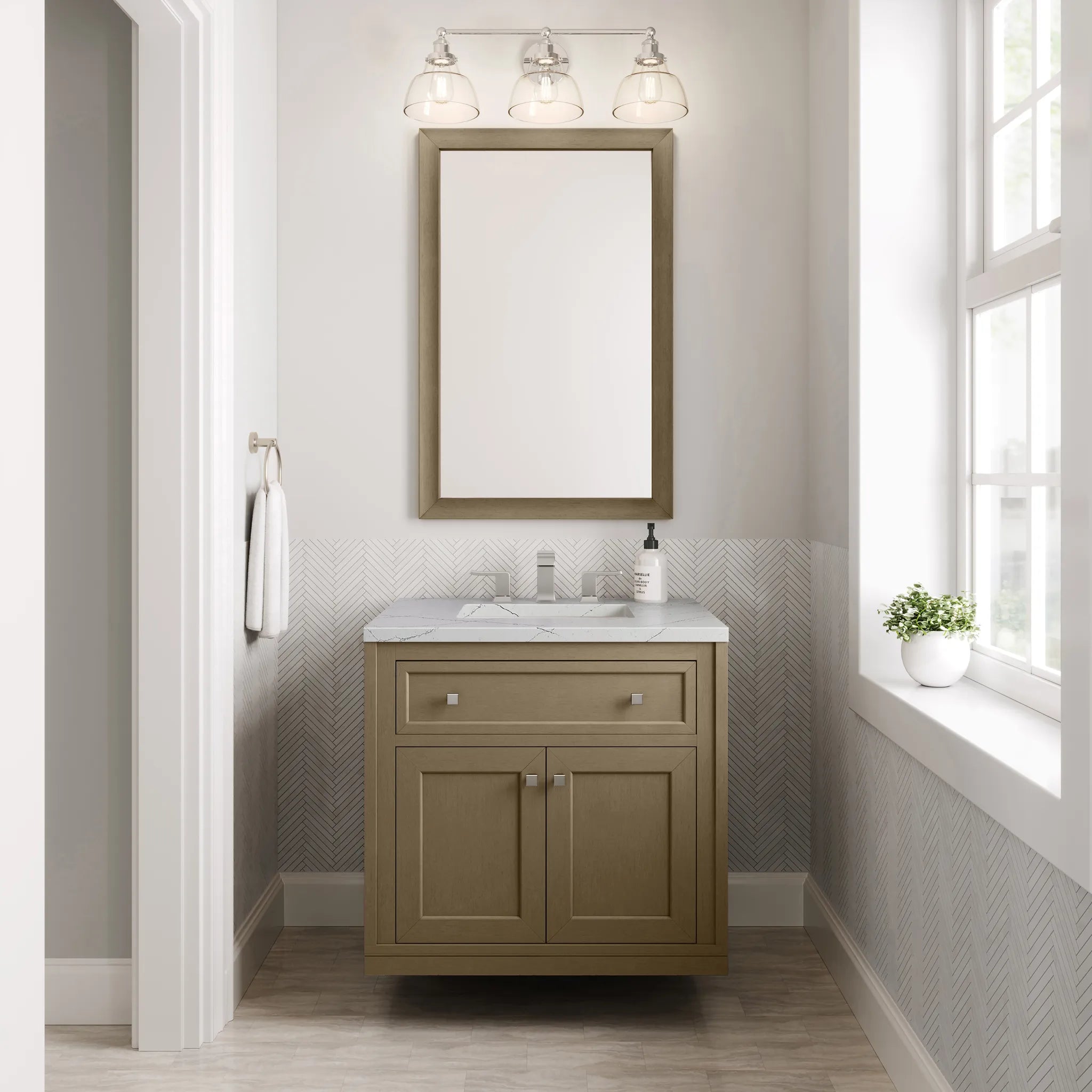 30" Chicago Single Vanity in Walnut Whisper-Ethereal Noctis Silestone-8" Widespread image 7