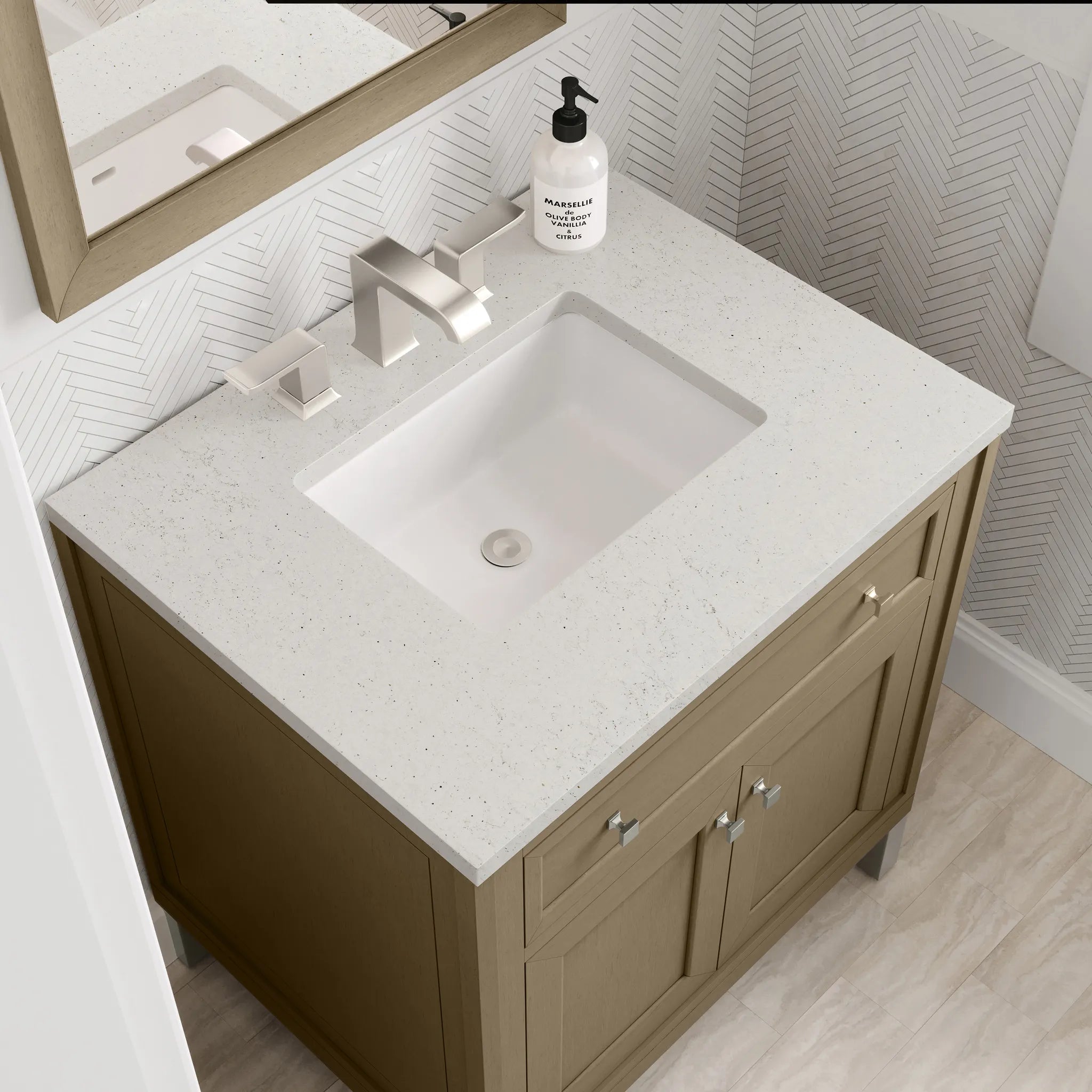 30" Chicago Single Vanity in Walnut Whisper-Lime Delight Silestone-8" Widespread image 11