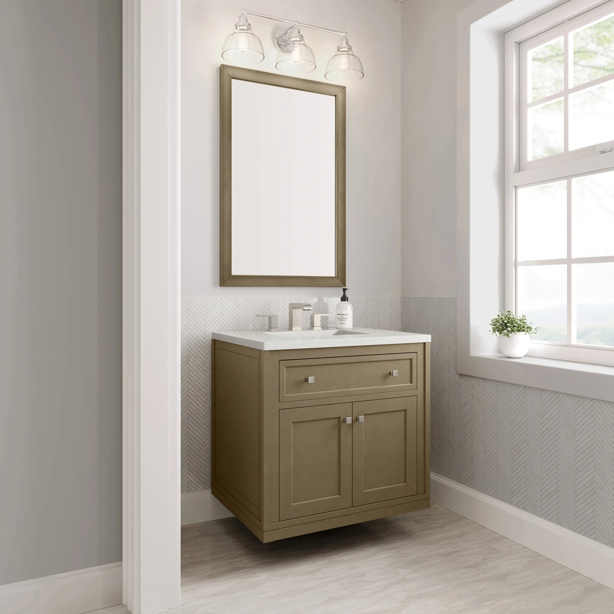 30" Chicago Single Vanity in Walnut Whisper-Lime Delight Silestone-8" Widespread image 7