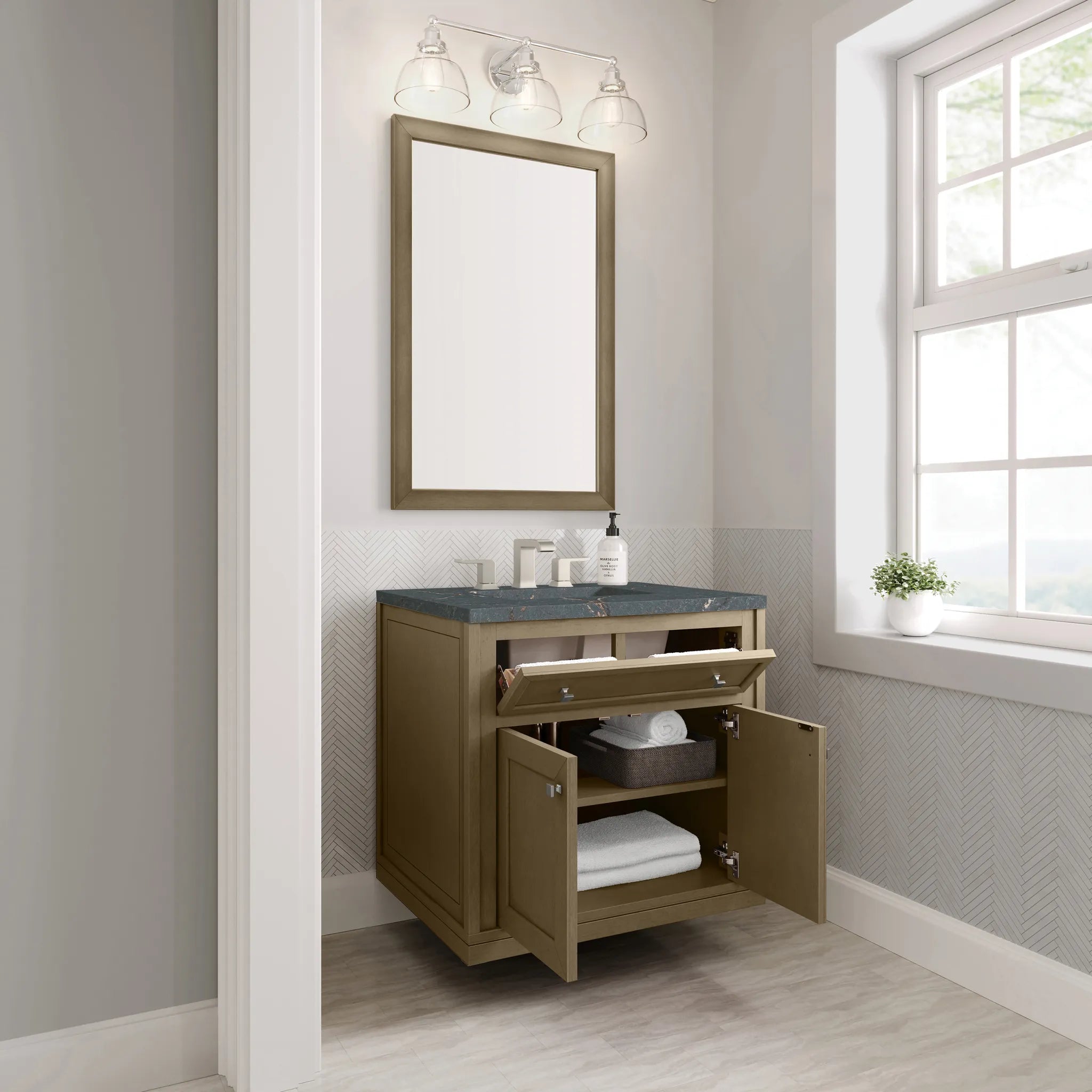 30" Chicago Single Vanity in Walnut Whisper-Parisien Bleu Silestone-8" Widespread image 9