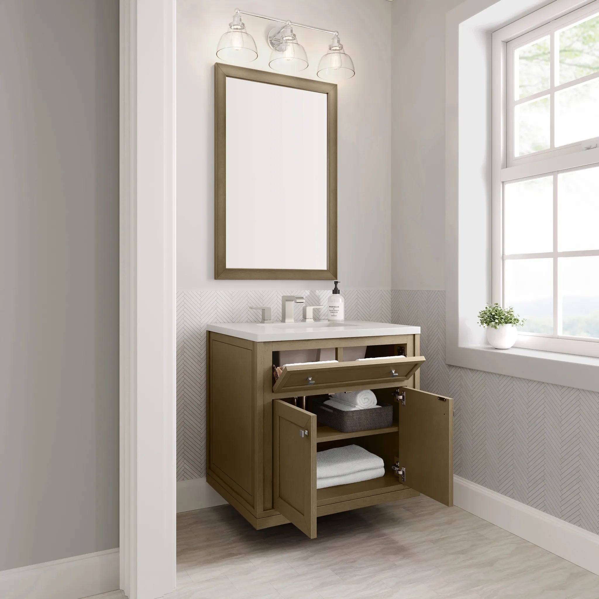 30" Chicago Single Vanity in Walnut Whisper-White Zeus Silestone-8" Widespread image 11