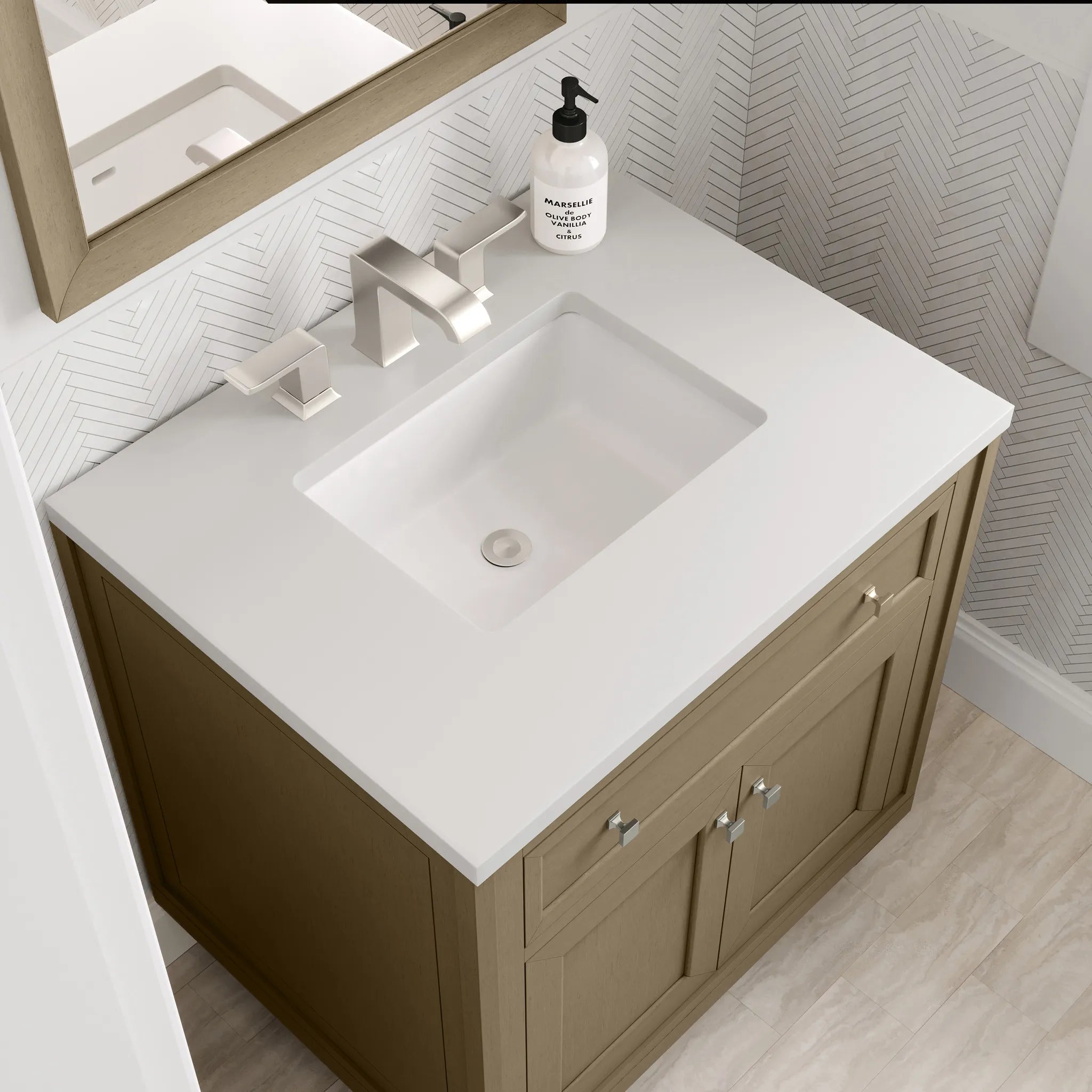 30" Chicago Single Vanity in Walnut Whisper-White Zeus Silestone-8" Widespread image 14