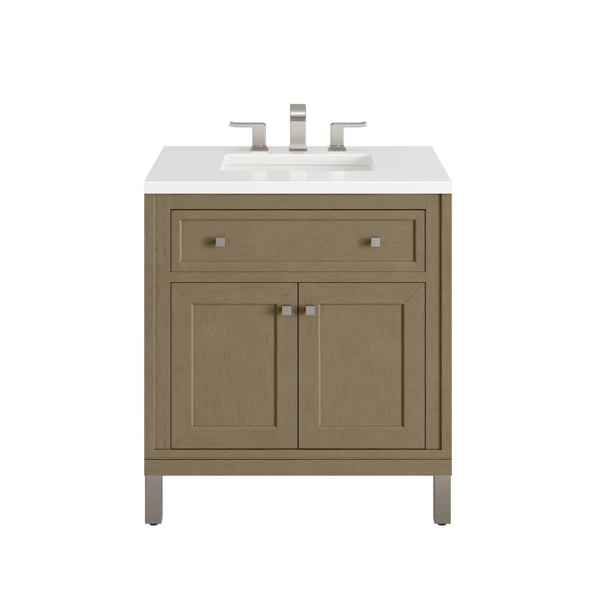 30" Chicago Single Vanity in Walnut Whisper-White Zeus Silestone-8" Widespread image