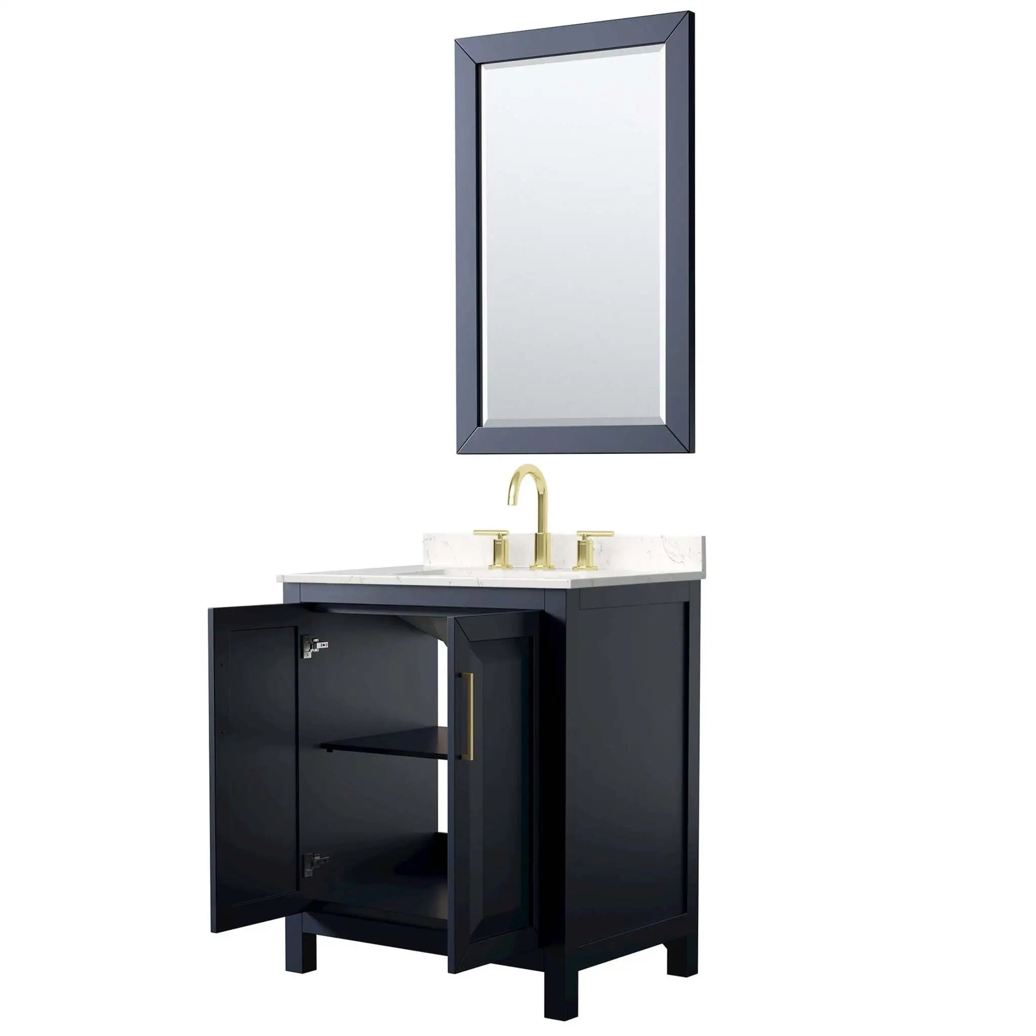 30" Daria Single Bathroom Vanity in Dark Blue with Brushed Gold Trim & 24" Mirror by Wyndham