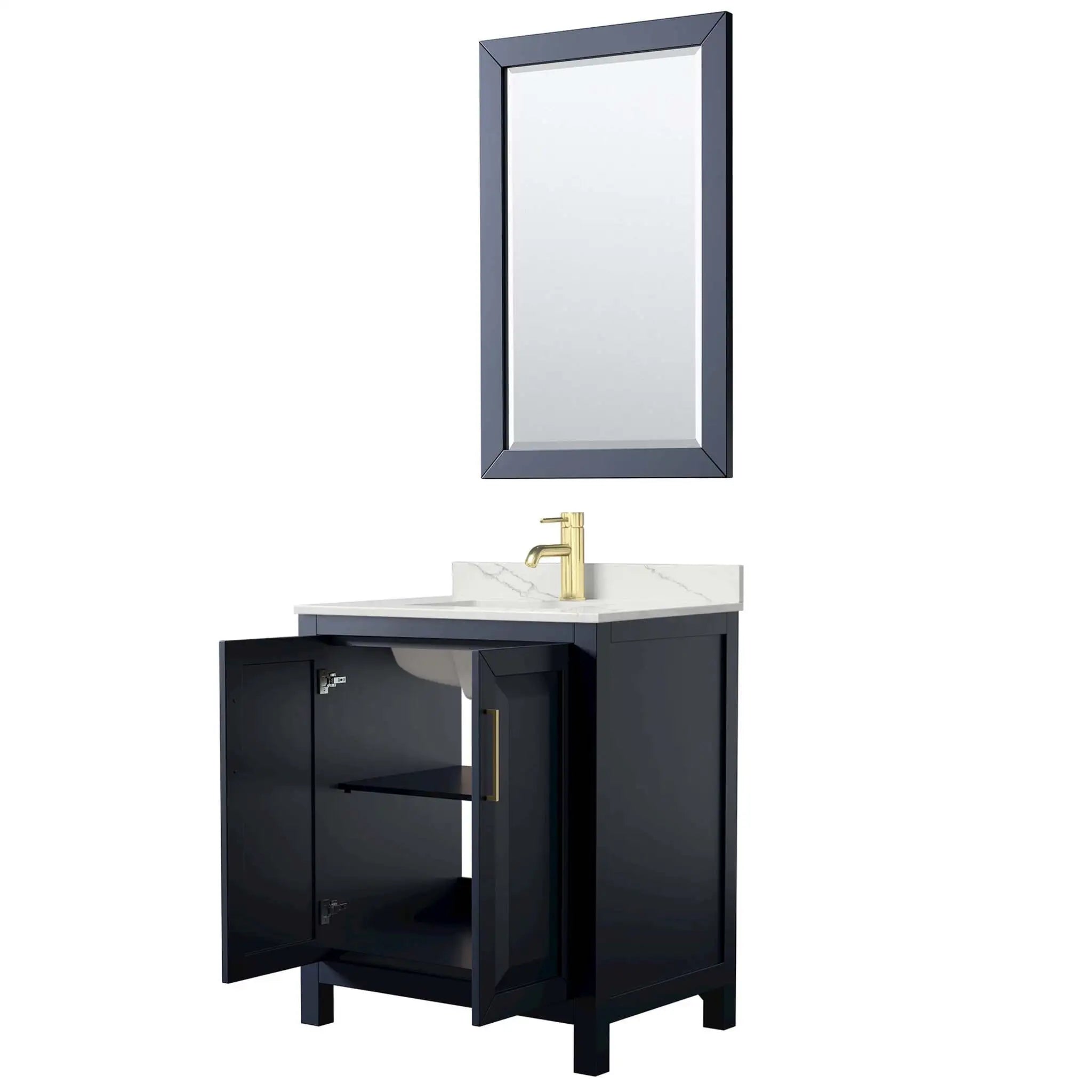 30" Daria Single Bathroom Vanity in Dark Blue with Brushed Gold Trim & 24" Mirror by Wyndham
