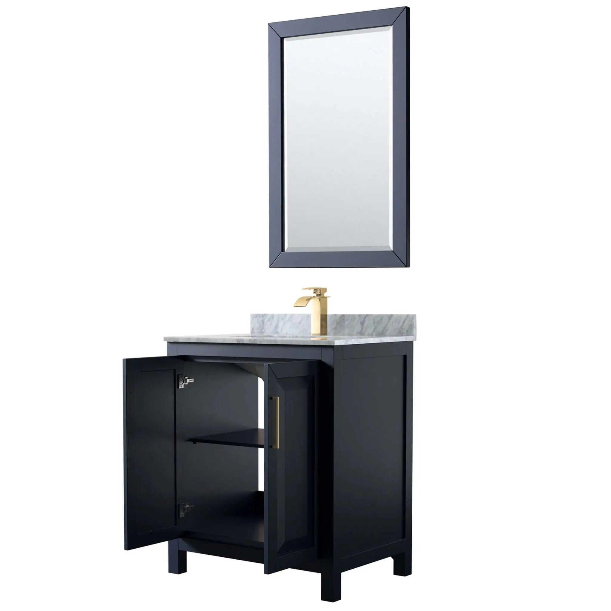 30" Daria Single Bathroom Vanity in Dark Blue with Brushed Gold Trim & 24" Mirror by Wyndham