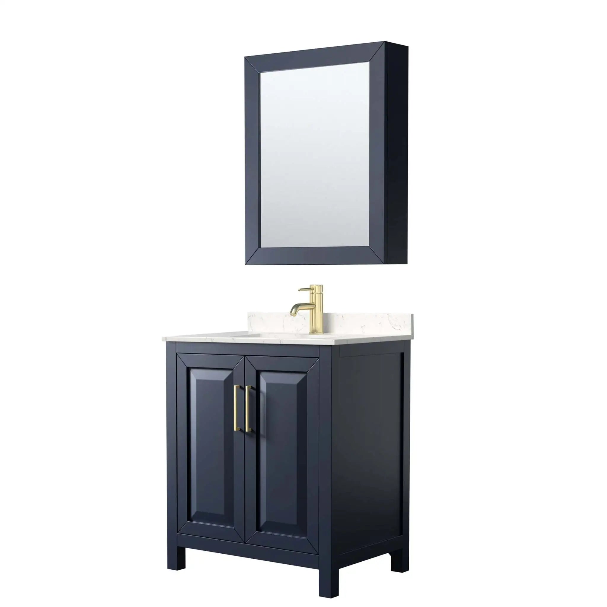 30" Daria Single Bathroom Vanity in Dark Blue with Brushed Gold Trim & Medicine Cabinet by Wyndham