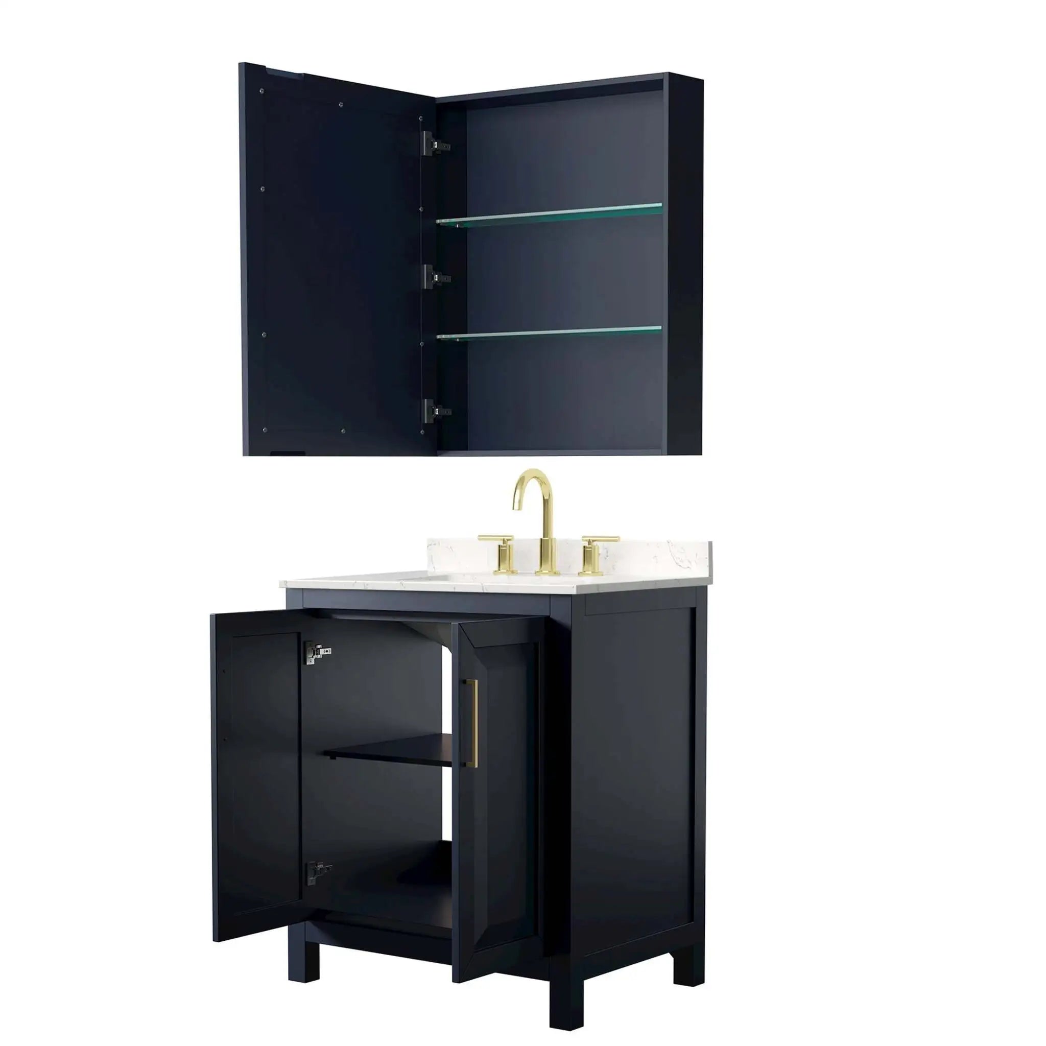 30" Daria Single Bathroom Vanity in Dark Blue with Brushed Gold Trim & Medicine Cabinet by Wyndham