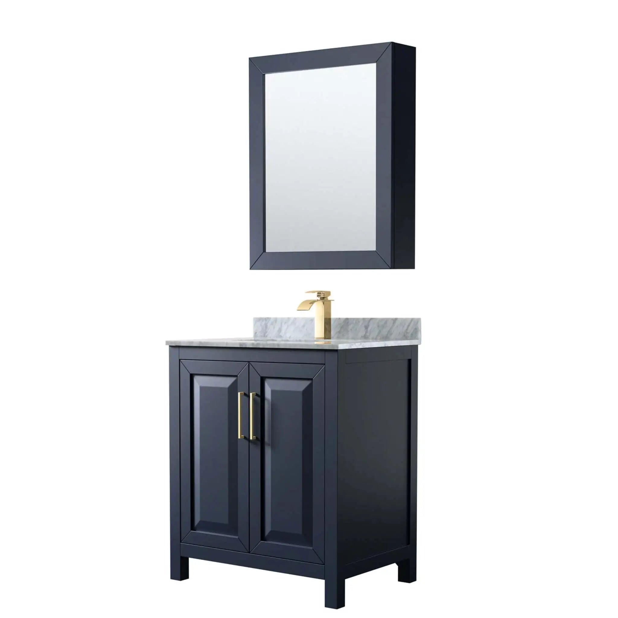 30" Daria Single Bathroom Vanity in Dark Blue with Brushed Gold Trim & Medicine Cabinet by Wyndham