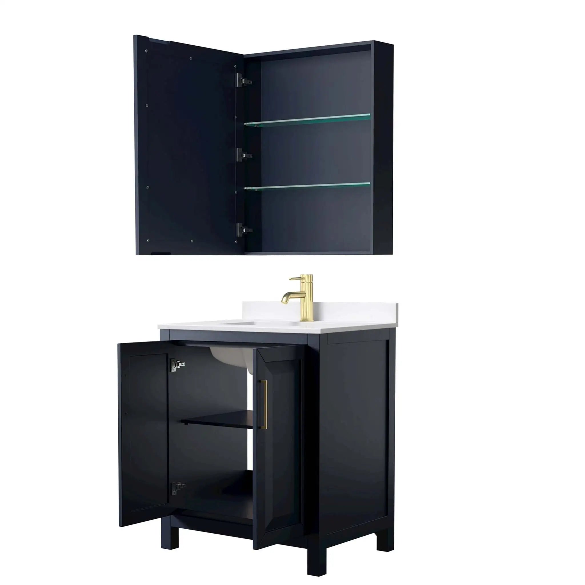30" Daria Single Bathroom Vanity in Dark Blue with Brushed Gold Trim & Medicine Cabinet by Wyndham