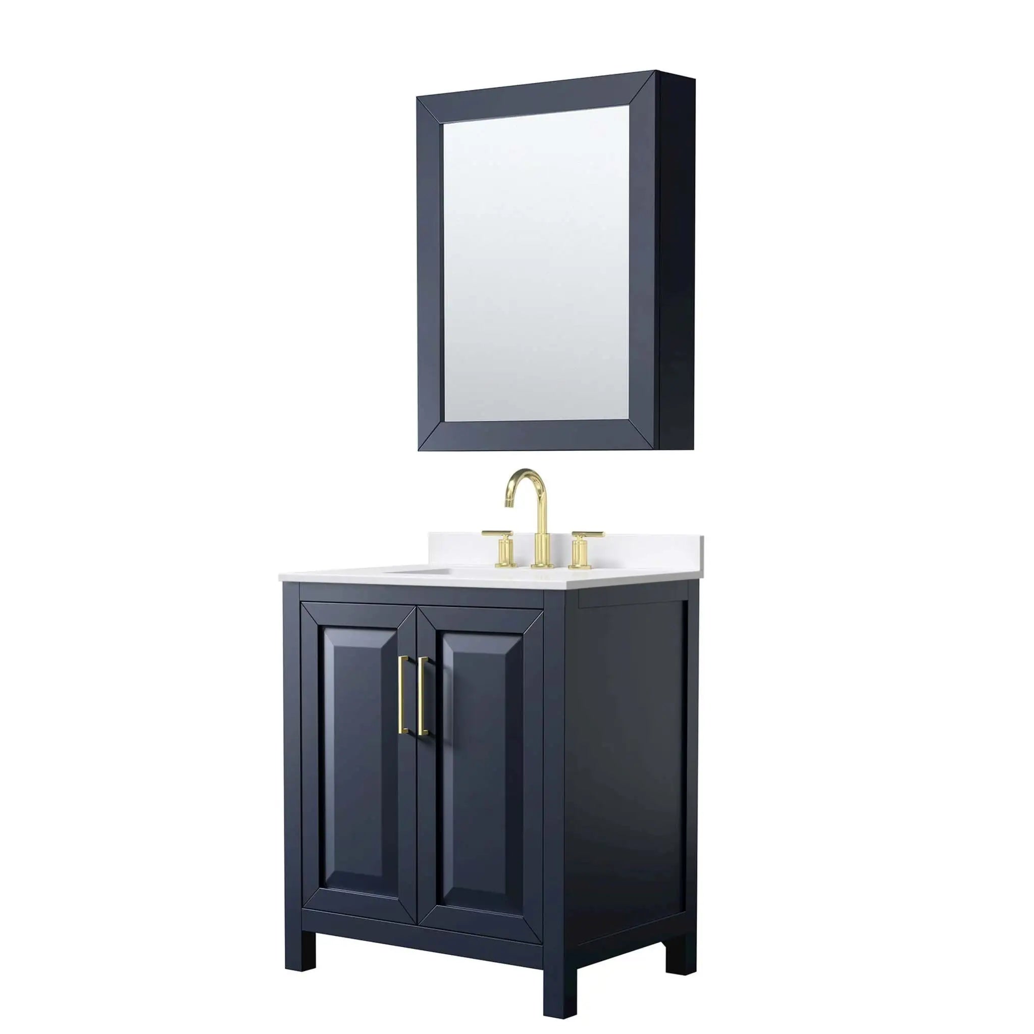 30" Daria Single Bathroom Vanity in Dark Blue with Brushed Gold Trim & Medicine Cabinet by Wyndham