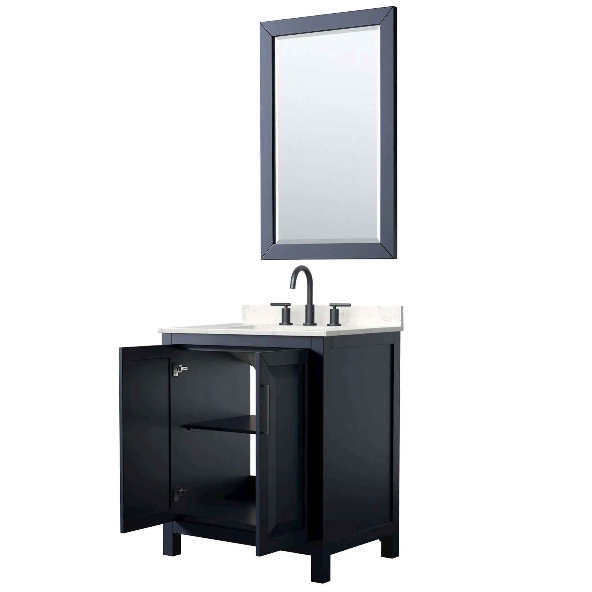 30" Daria Single Bathroom Vanity in Dark Blue with Matte Black Trim & 24" Mirror by Wyndham