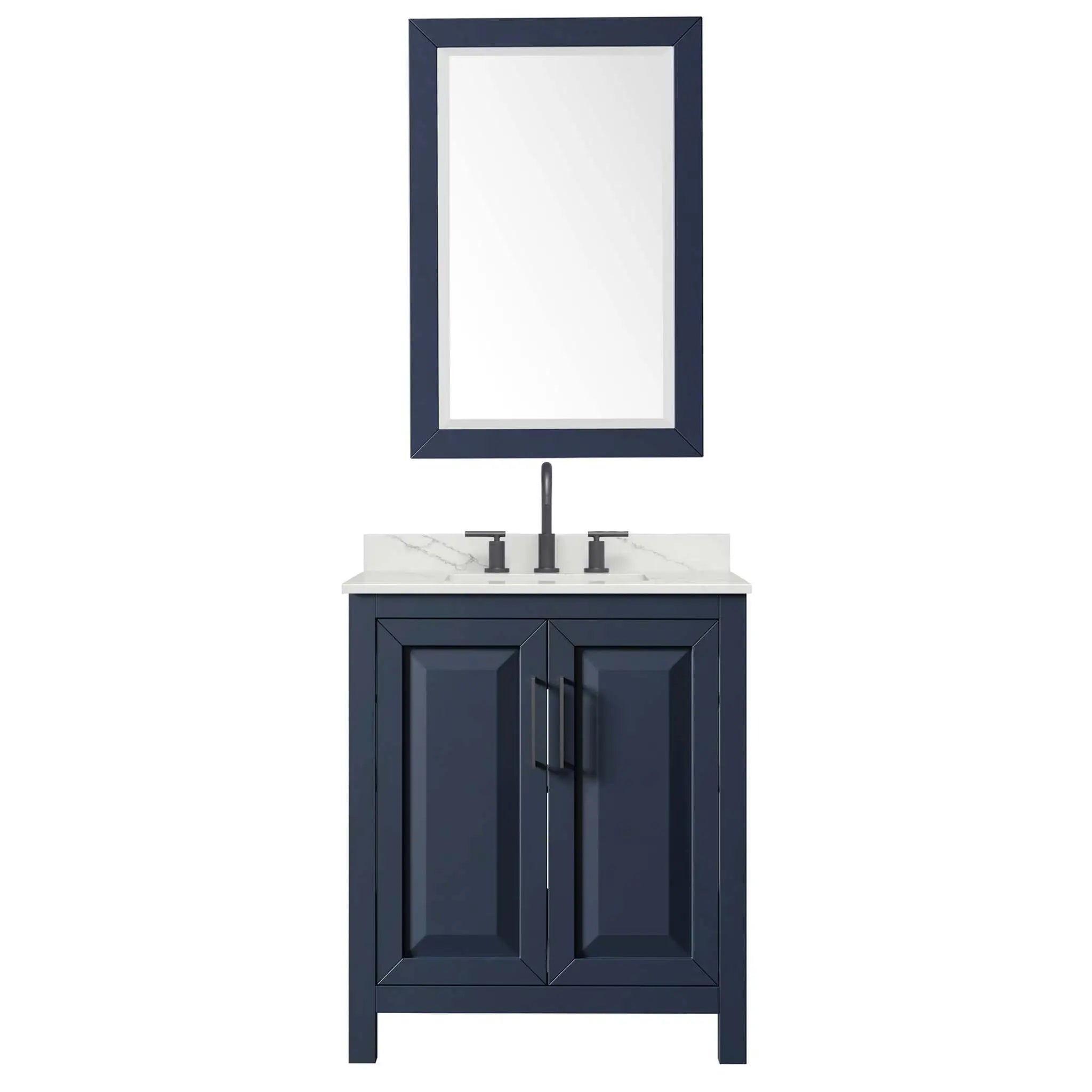 30" Daria Single Bathroom Vanity in Dark Blue with Matte Black Trim & 24" Mirror by Wyndham