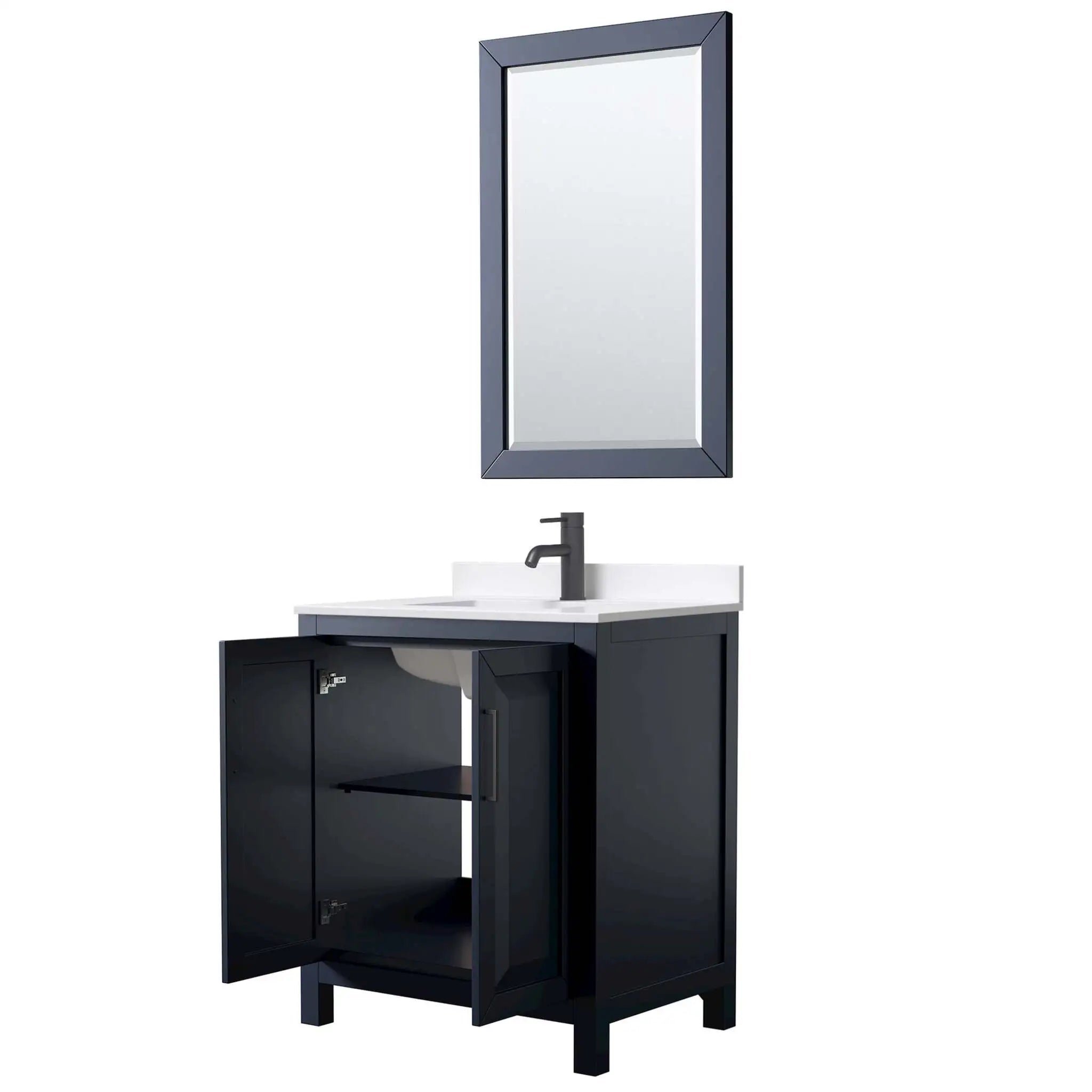 30" Daria Single Bathroom Vanity in Dark Blue with Matte Black Trim & 24" Mirror by Wyndham