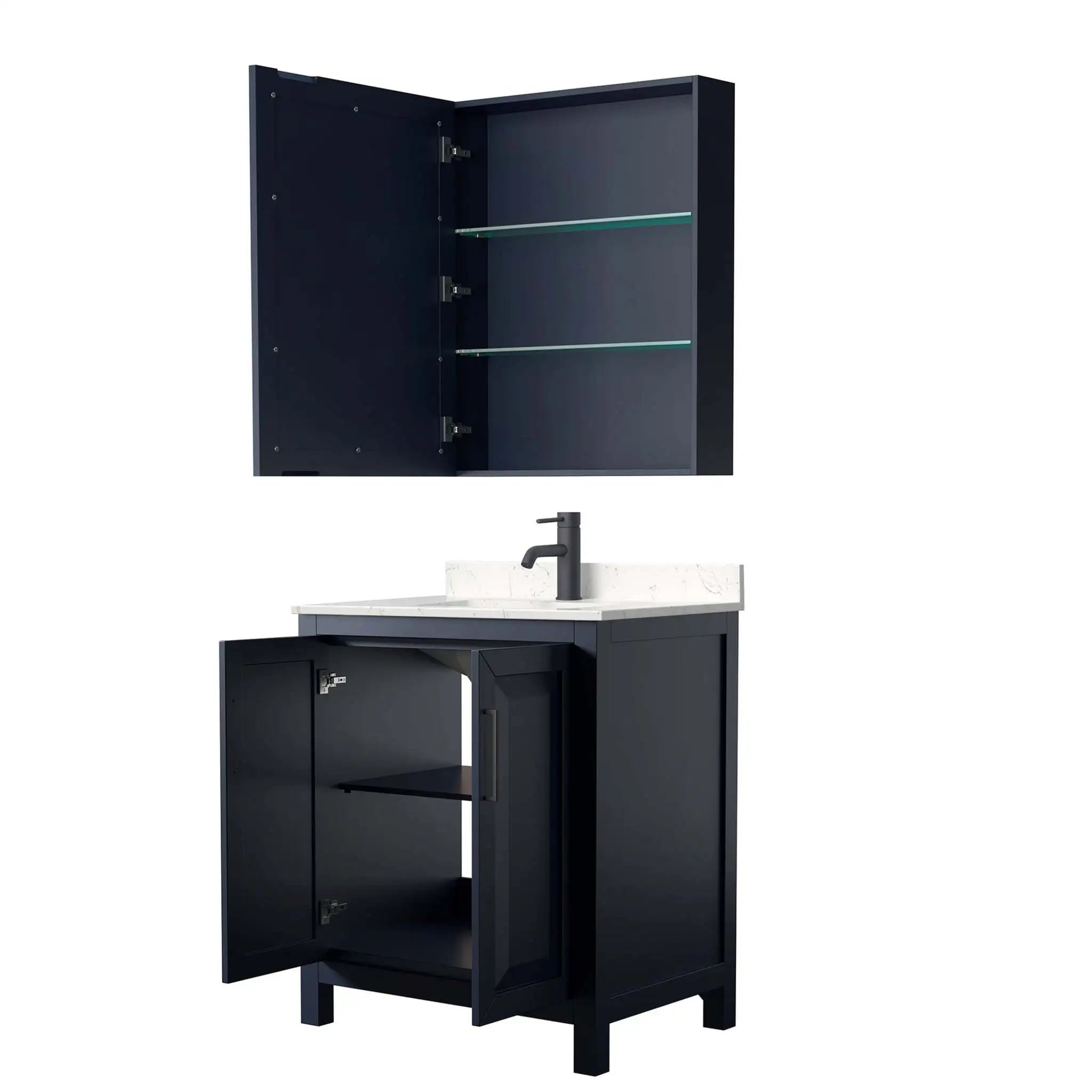 30" Daria Single Bathroom Vanity in Dark Blue with Matte Black Trim & Medicine Cabinet by Wyndham