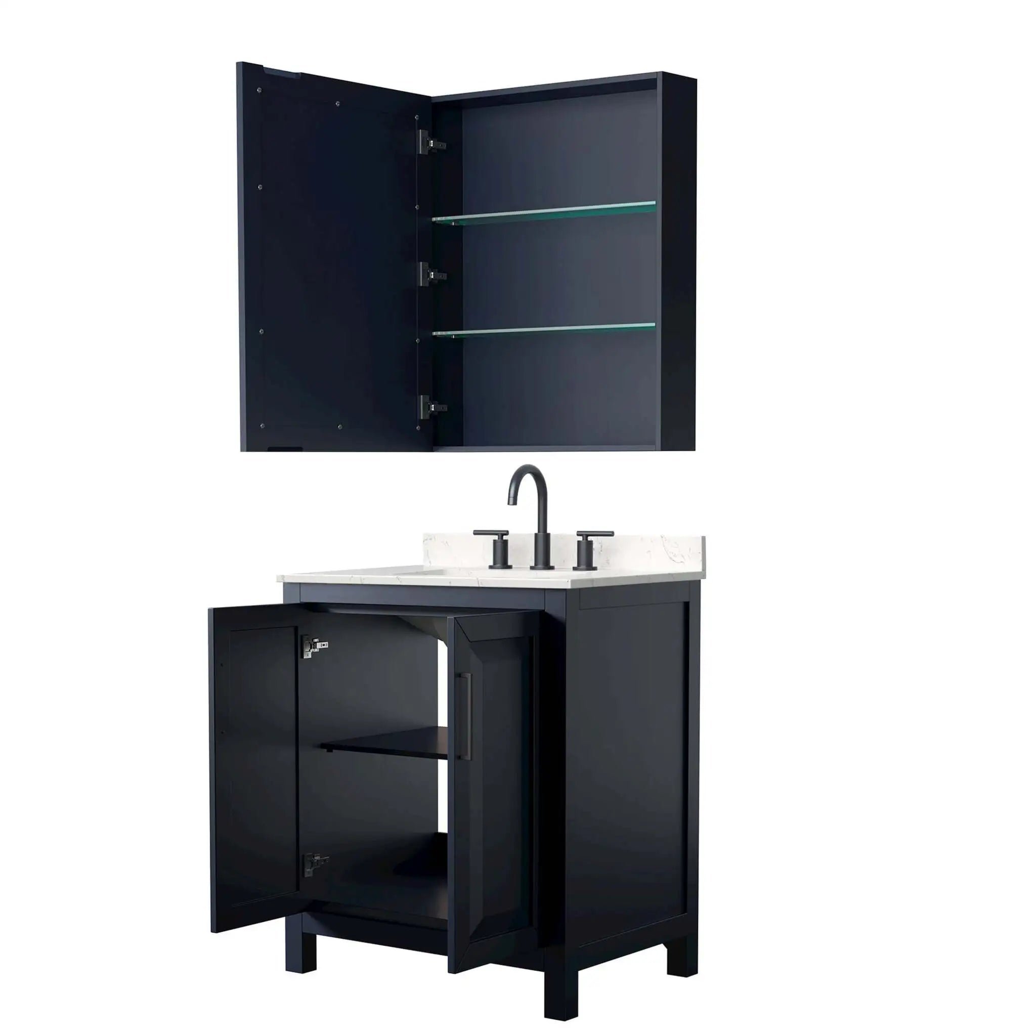 30" Daria Single Bathroom Vanity in Dark Blue with Matte Black Trim & Medicine Cabinet by Wyndham