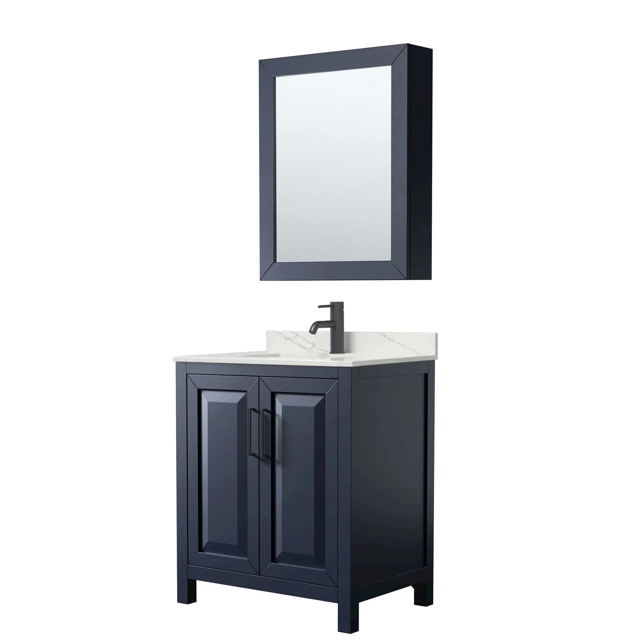 30" Daria Single Bathroom Vanity in Dark Blue with Matte Black Trim & Medicine Cabinet by Wyndham
