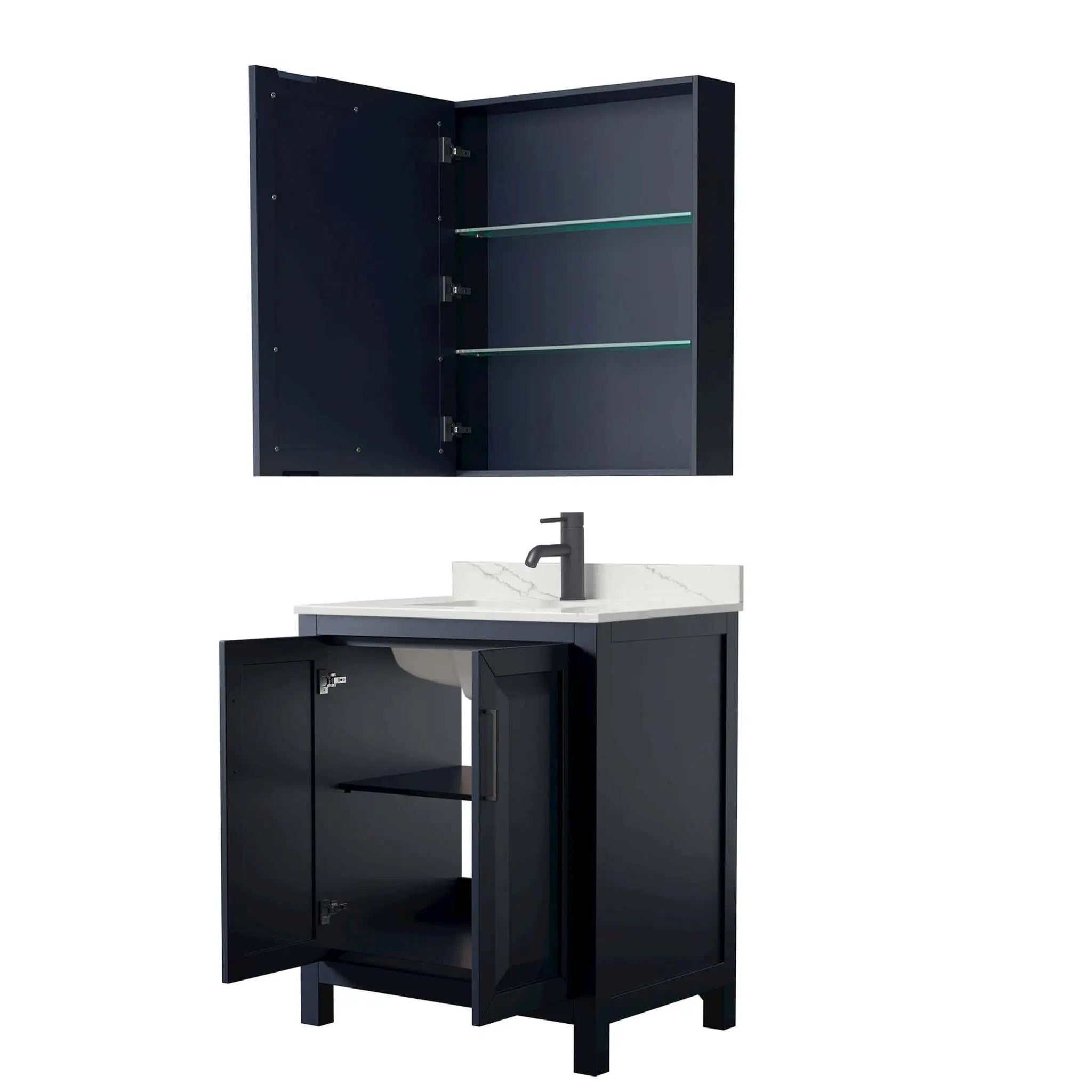30" Daria Single Bathroom Vanity in Dark Blue with Matte Black Trim & Medicine Cabinet by Wyndham