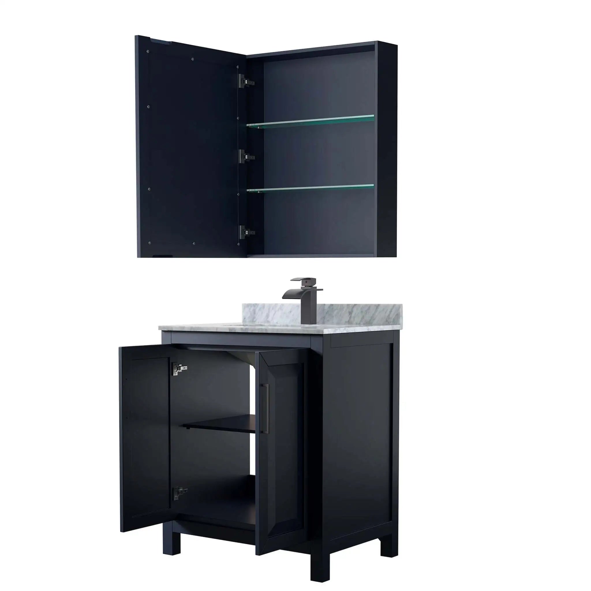 30" Daria Single Bathroom Vanity in Dark Blue with Matte Black Trim & Medicine Cabinet by Wyndham