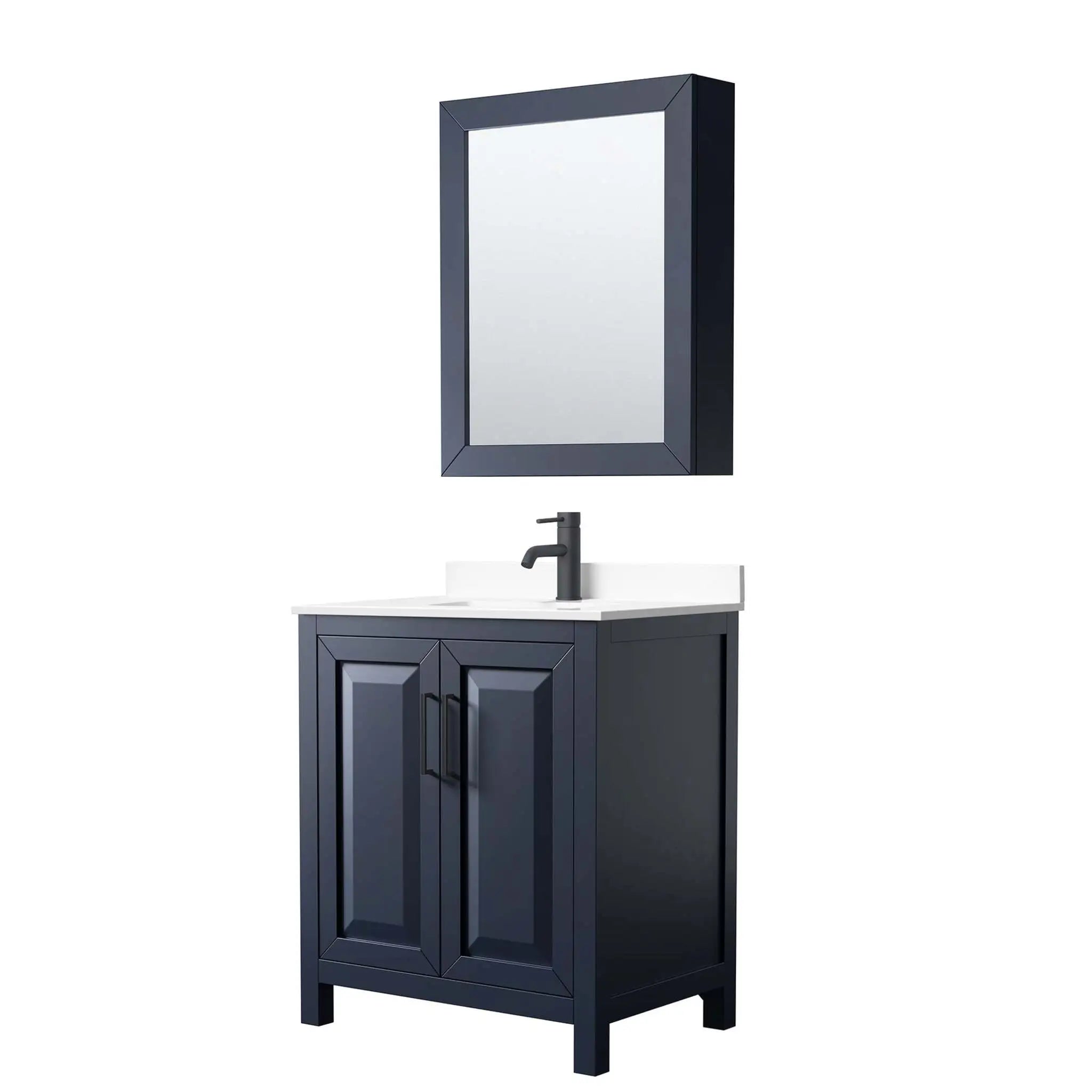30" Daria Single Bathroom Vanity in Dark Blue with Matte Black Trim & Medicine Cabinet by Wyndham