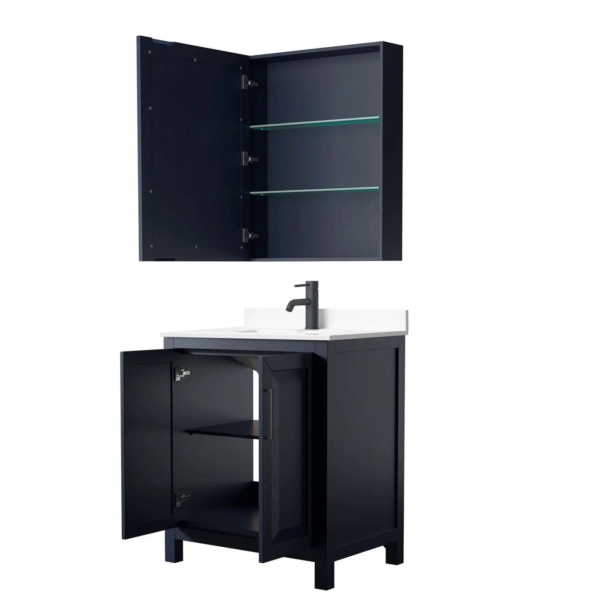 30" Daria Single Bathroom Vanity in Dark Blue with Matte Black Trim & Medicine Cabinet by Wyndham