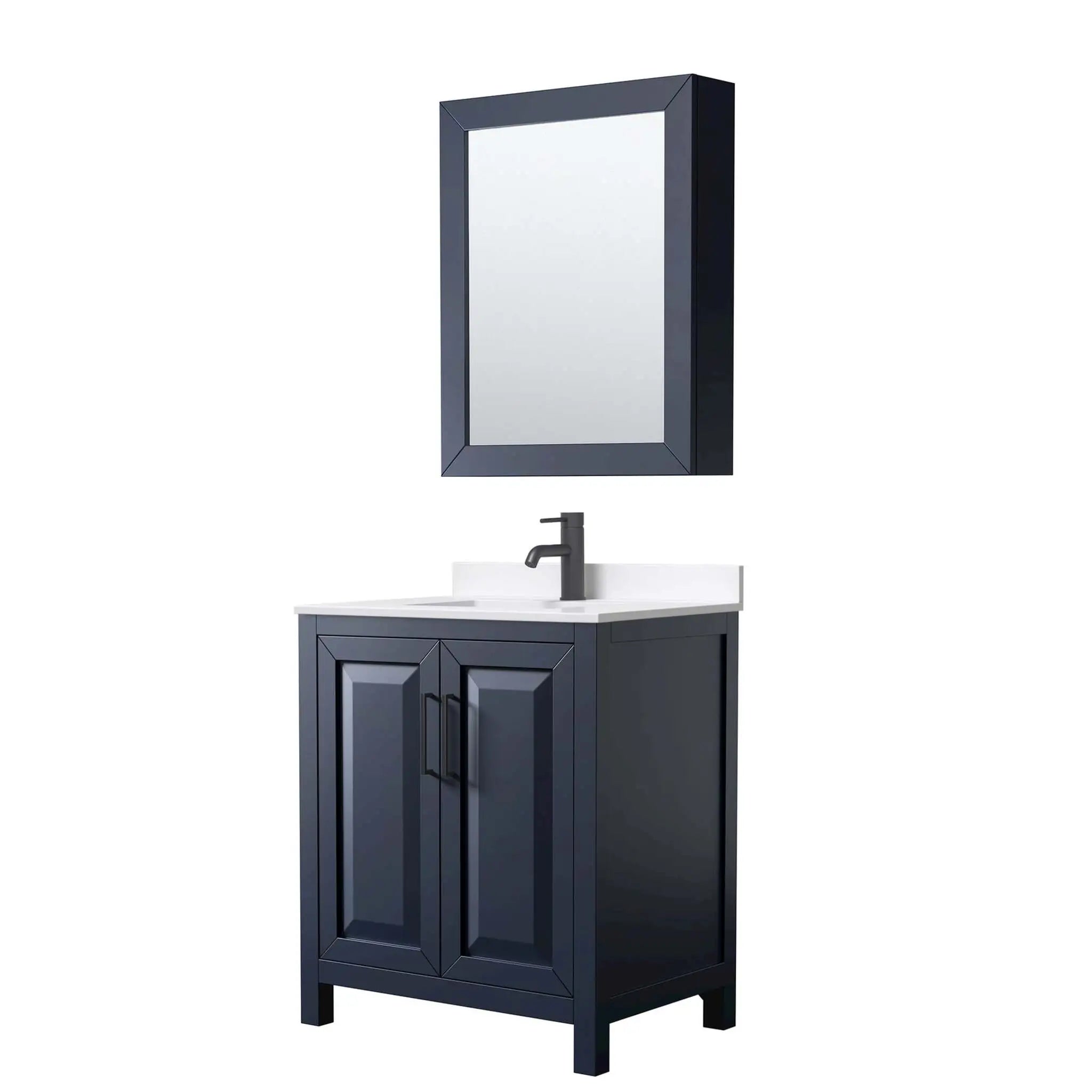 30" Daria Single Bathroom Vanity in Dark Blue with Matte Black Trim & Medicine Cabinet by Wyndham