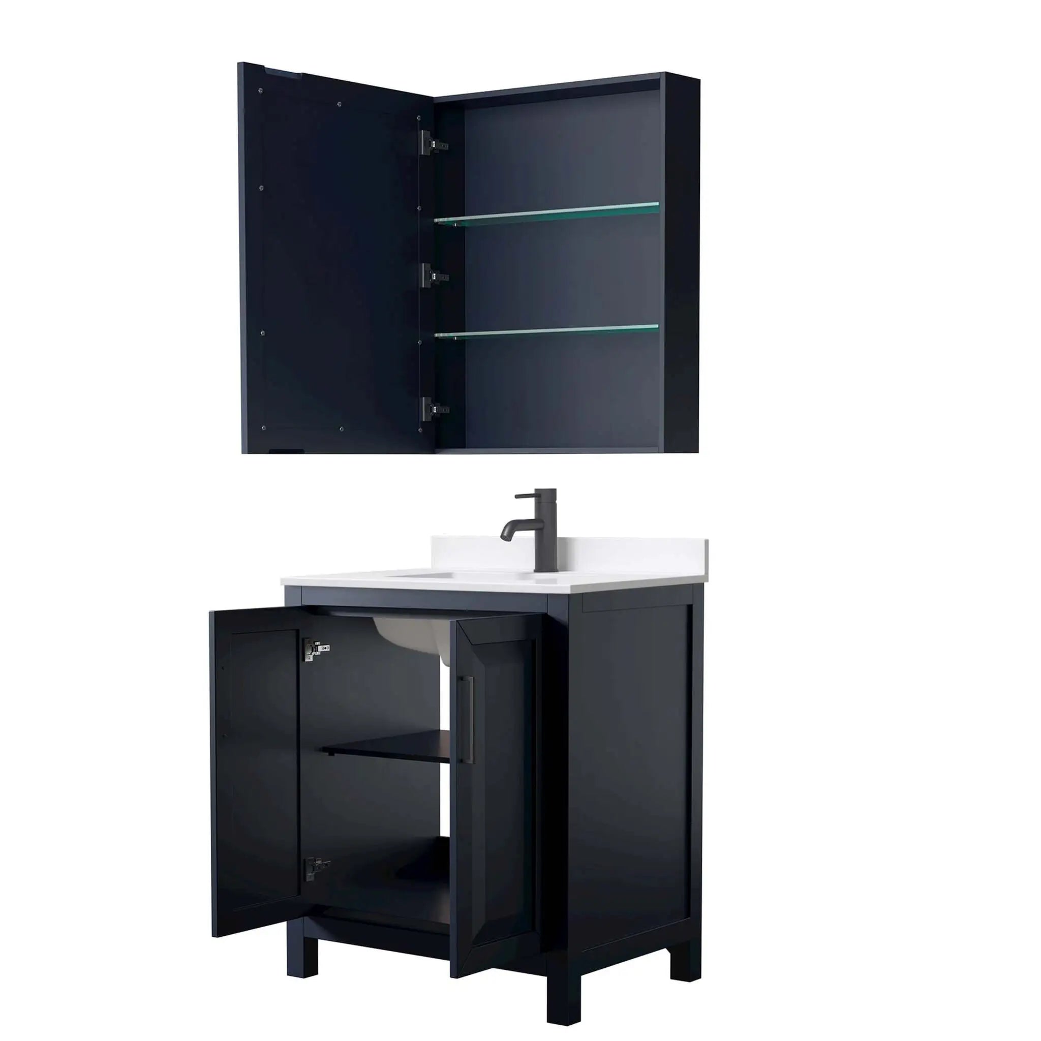 30" Daria Single Bathroom Vanity in Dark Blue with Matte Black Trim & Medicine Cabinet by Wyndham