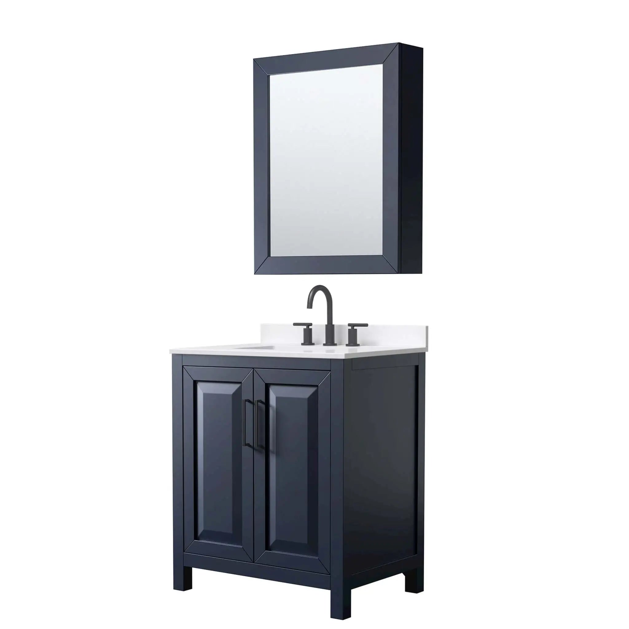 30" Daria Single Bathroom Vanity in Dark Blue with Matte Black Trim & Medicine Cabinet by Wyndham