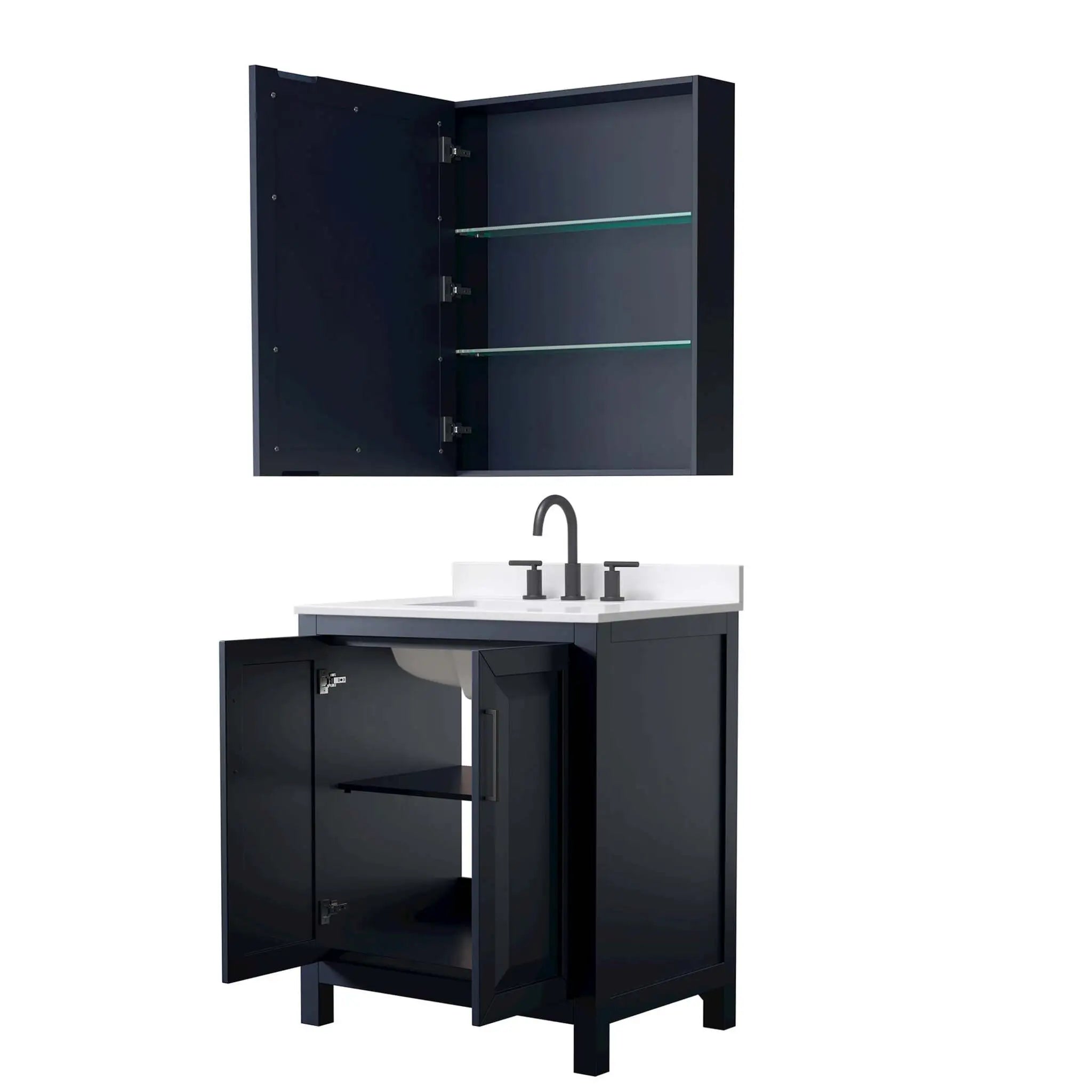 30" Daria Single Bathroom Vanity in Dark Blue with Matte Black Trim & Medicine Cabinet by Wyndham