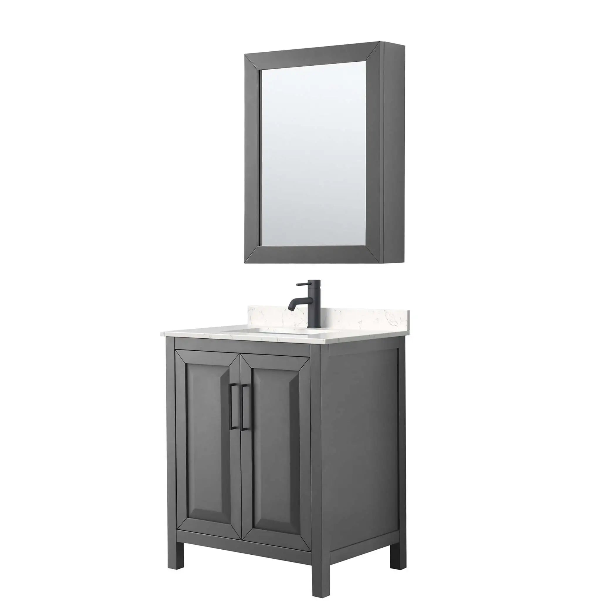 30" Daria Single Bathroom Vanity in Dark Gray with Matte Black Trim & Medicine Cabinet by Wyndham