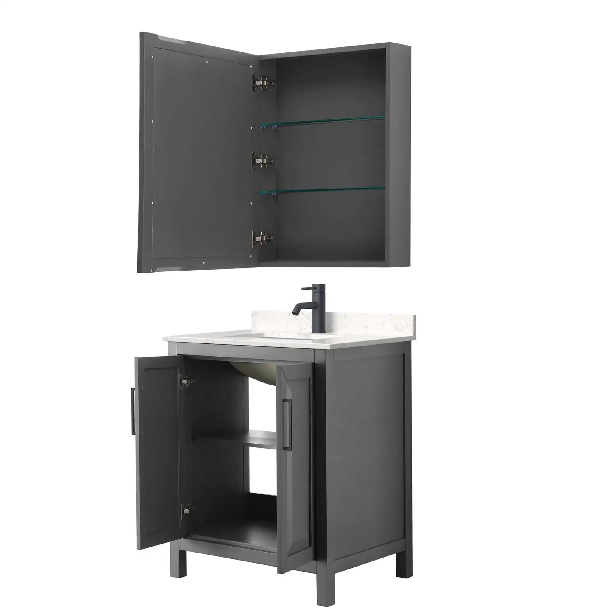 30" Daria Single Bathroom Vanity in Dark Gray with Matte Black Trim & Medicine Cabinet by Wyndham