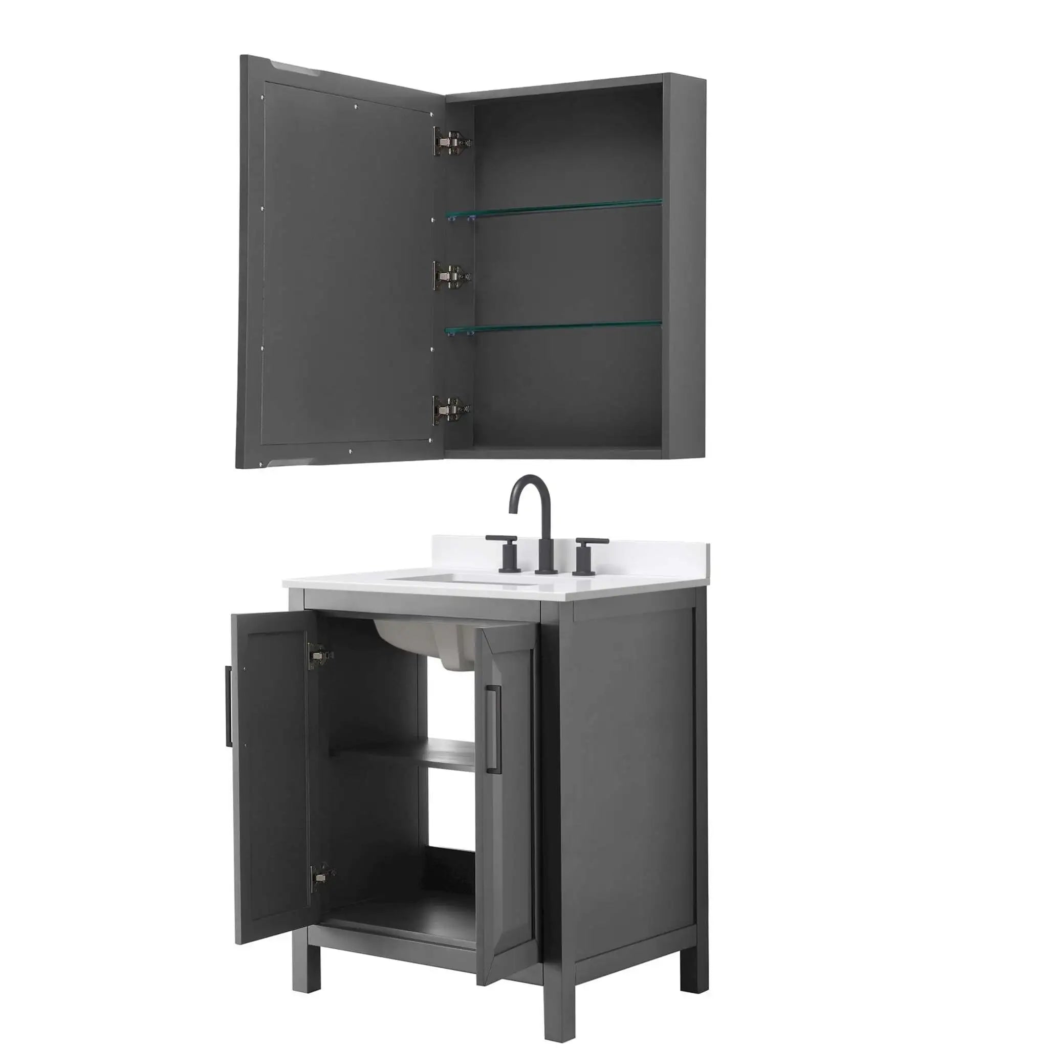 30" Daria Single Bathroom Vanity in Dark Gray with Matte Black Trim & Medicine Cabinet by Wyndham
