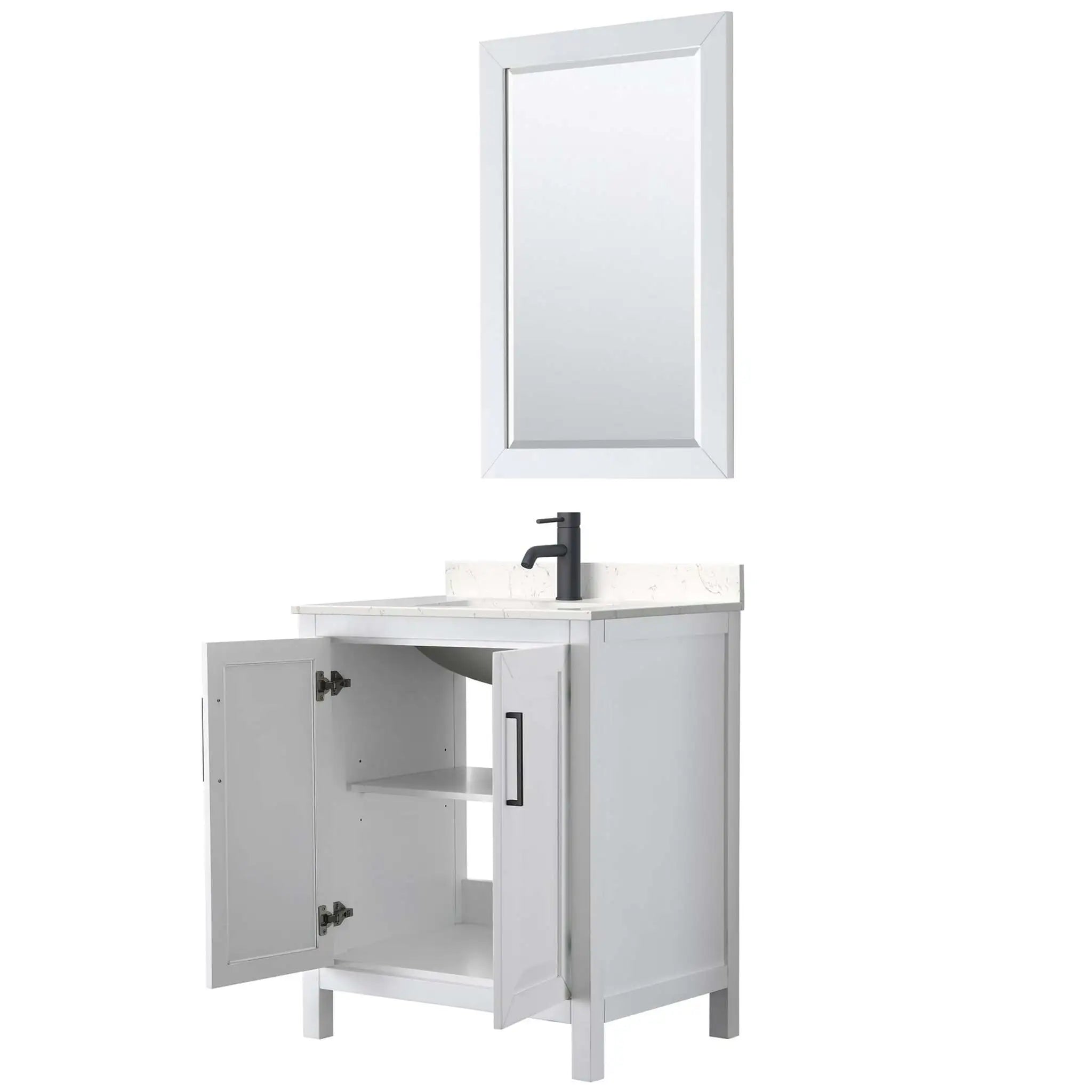 30" Daria Single Bathroom Vanity in White with Matte Black Trim & 24" Mirror by Wyndham