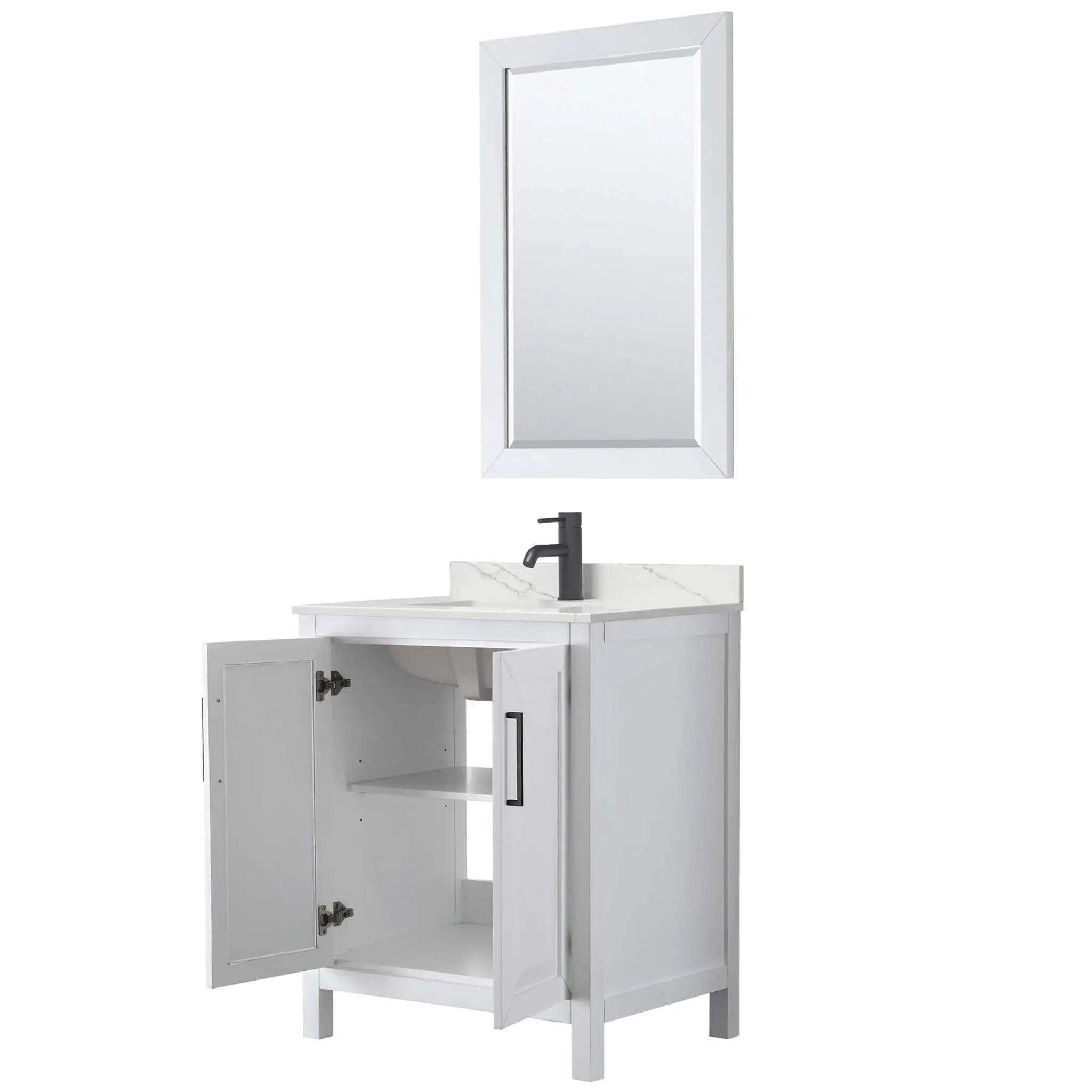30" Daria Single Bathroom Vanity in White with Matte Black Trim & 24" Mirror by Wyndham