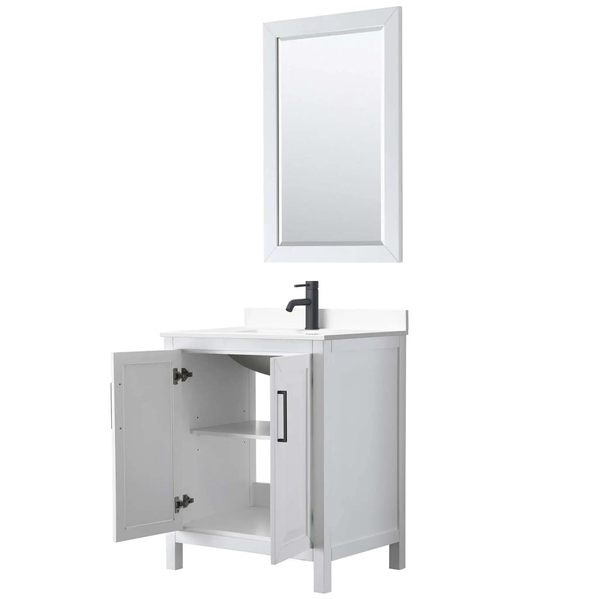 30" Daria Single Bathroom Vanity in White with Matte Black Trim & 24" Mirror by Wyndham