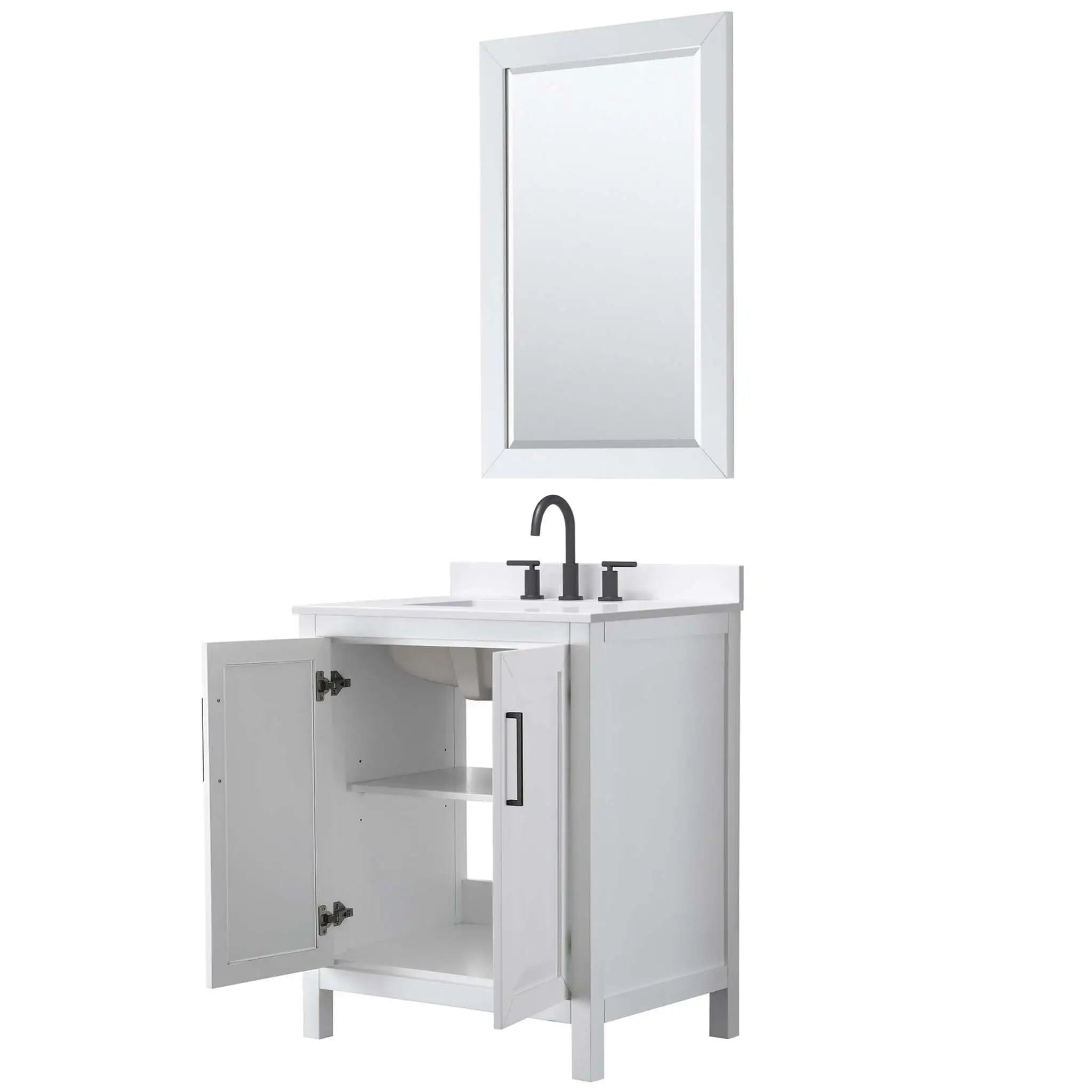 30" Daria Single Bathroom Vanity in White with Matte Black Trim & 24" Mirror by Wyndham
