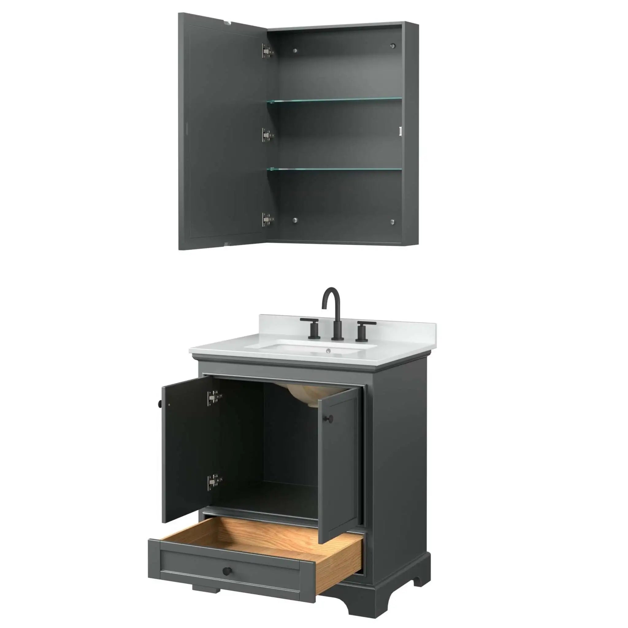 30" Deborah Single Bathroom Vanity in Dark Gray with Matte Black Trim & Medicine Cabinet by Wyndham