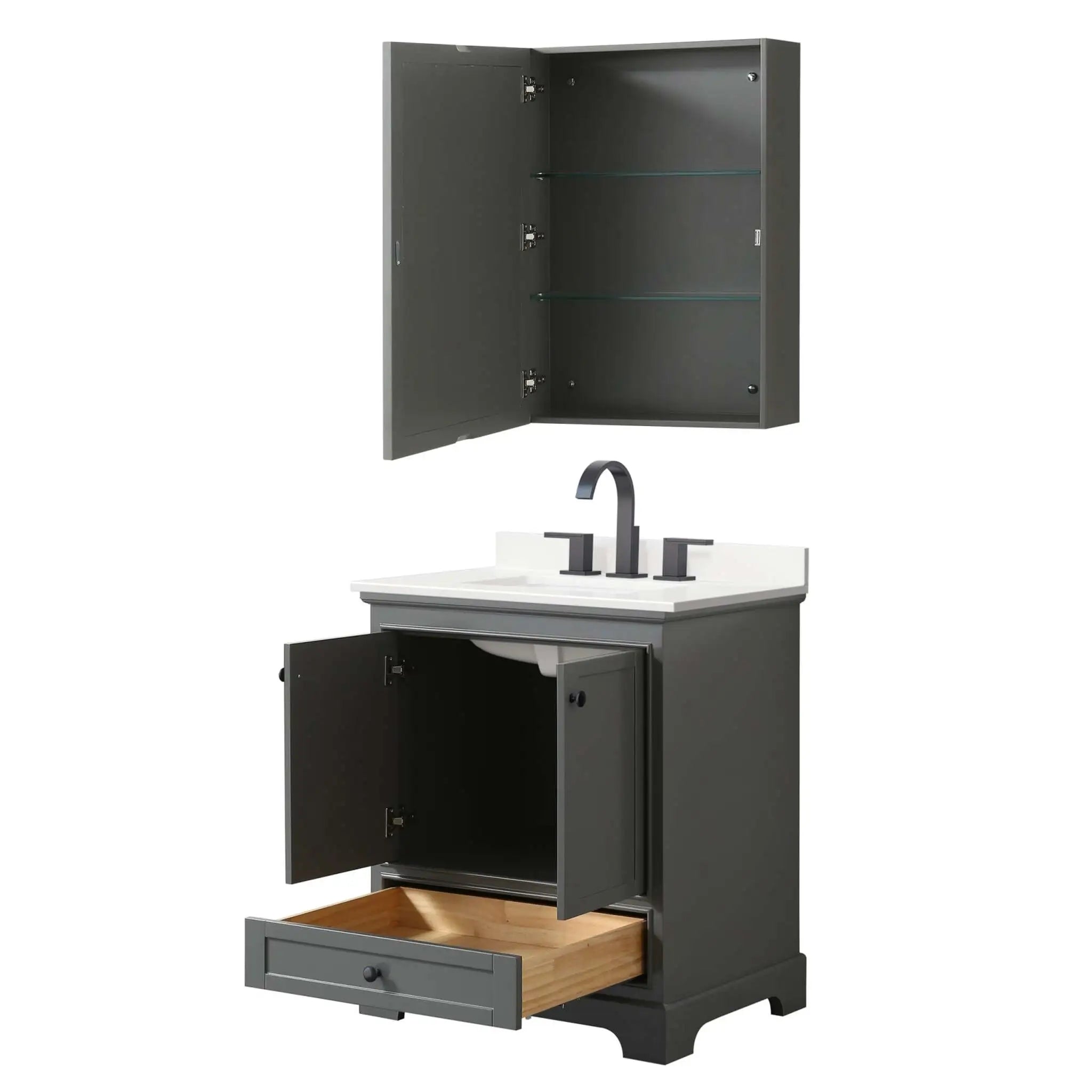 30" Deborah Single Bathroom Vanity in Dark Gray with Matte Black Trim & Medicine Cabinet by Wyndham