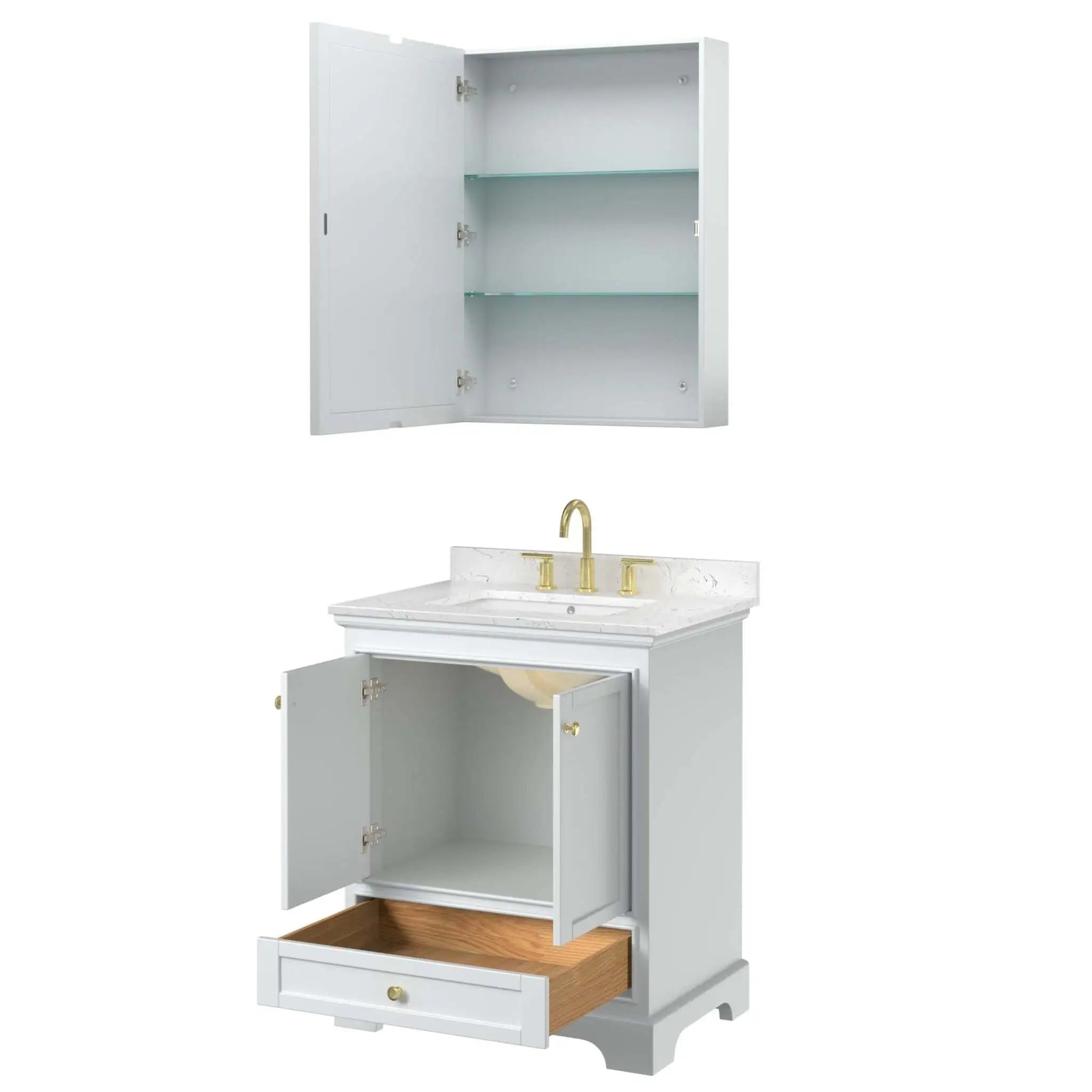 30" Deborah Single Bathroom Vanity in White with Brushed Gold Trim & Medicine Cabinet by Wyndham