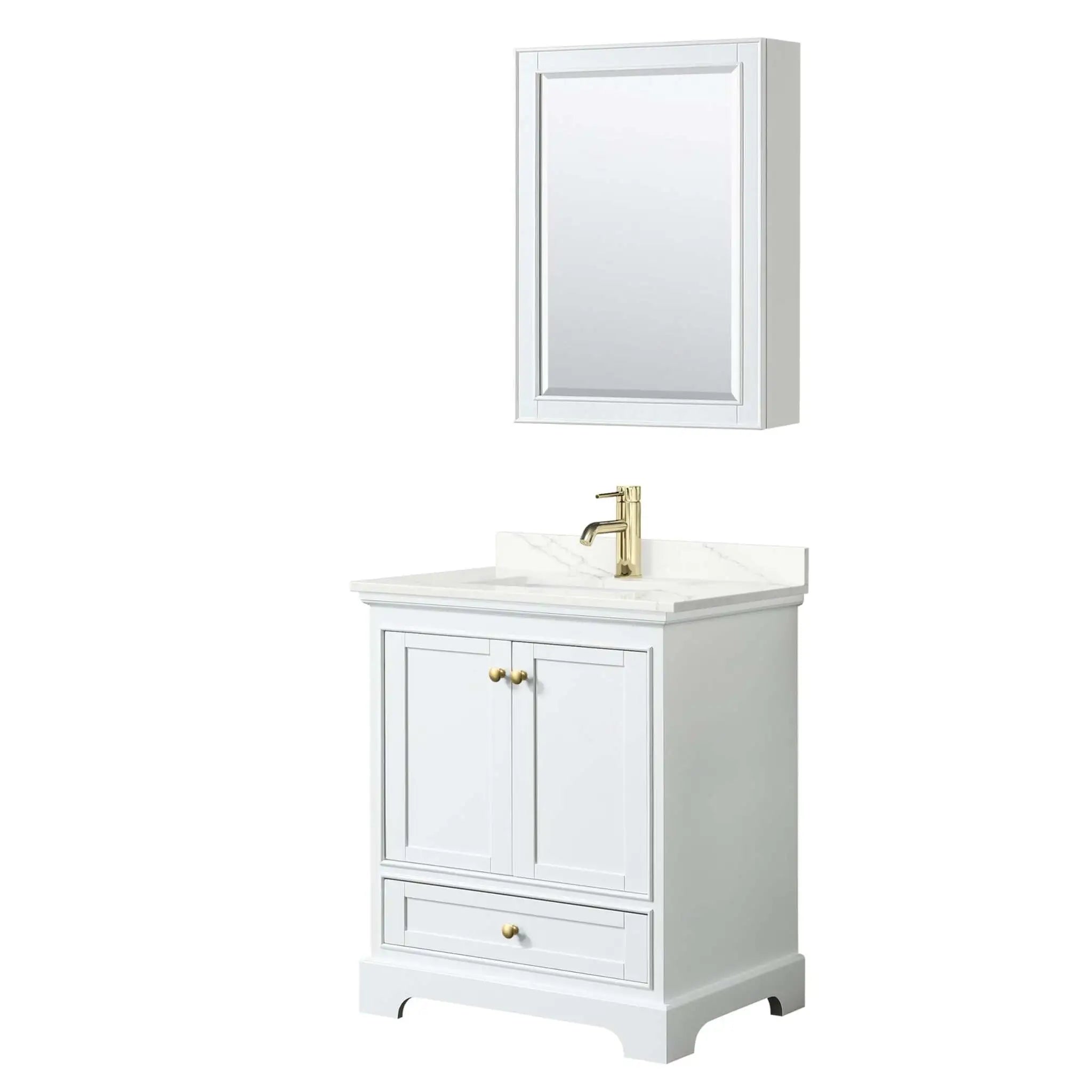 30" Deborah Single Bathroom Vanity in White with Brushed Gold Trim & Medicine Cabinet by Wyndham