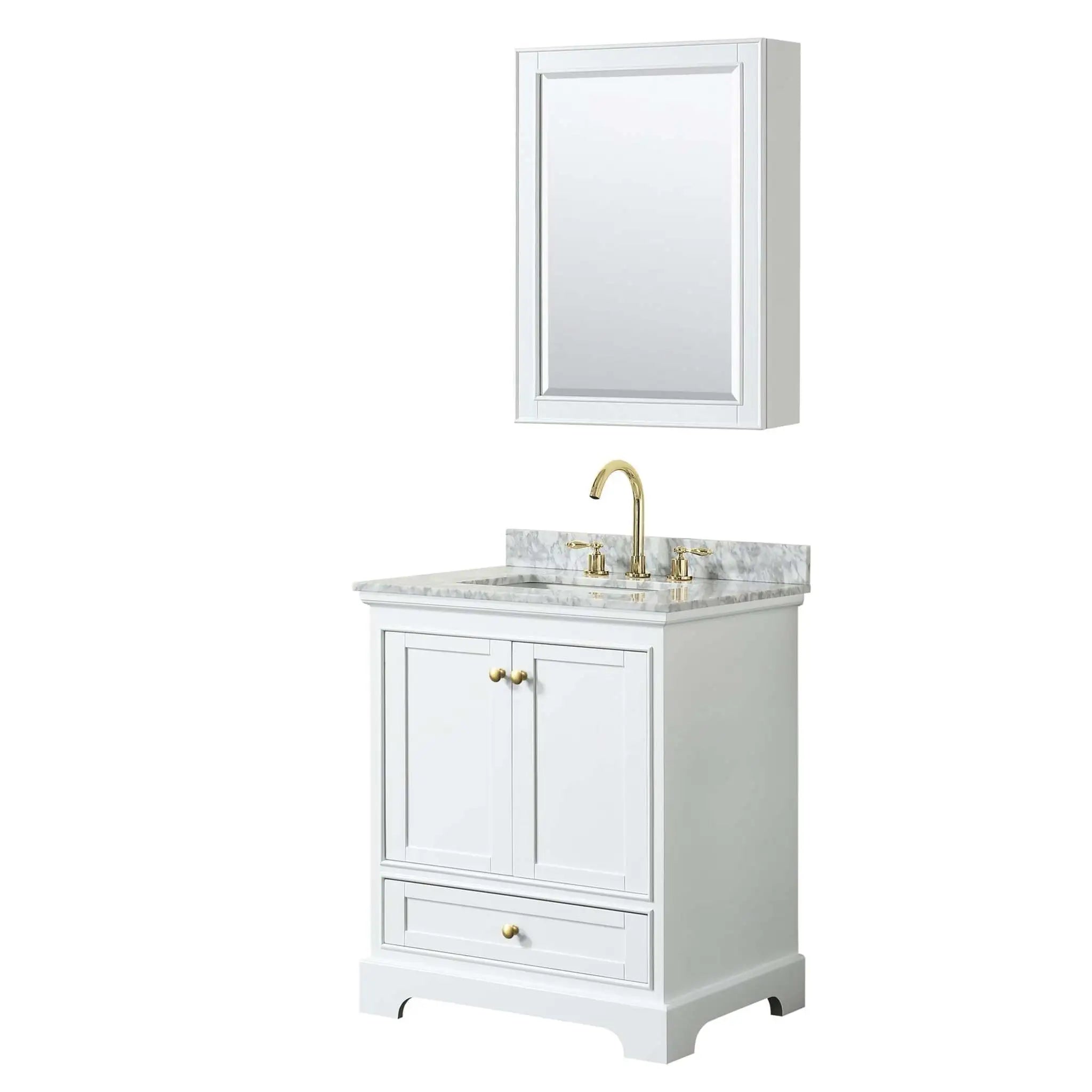 30" Deborah Single Bathroom Vanity in White with Brushed Gold Trim & Medicine Cabinet by Wyndham