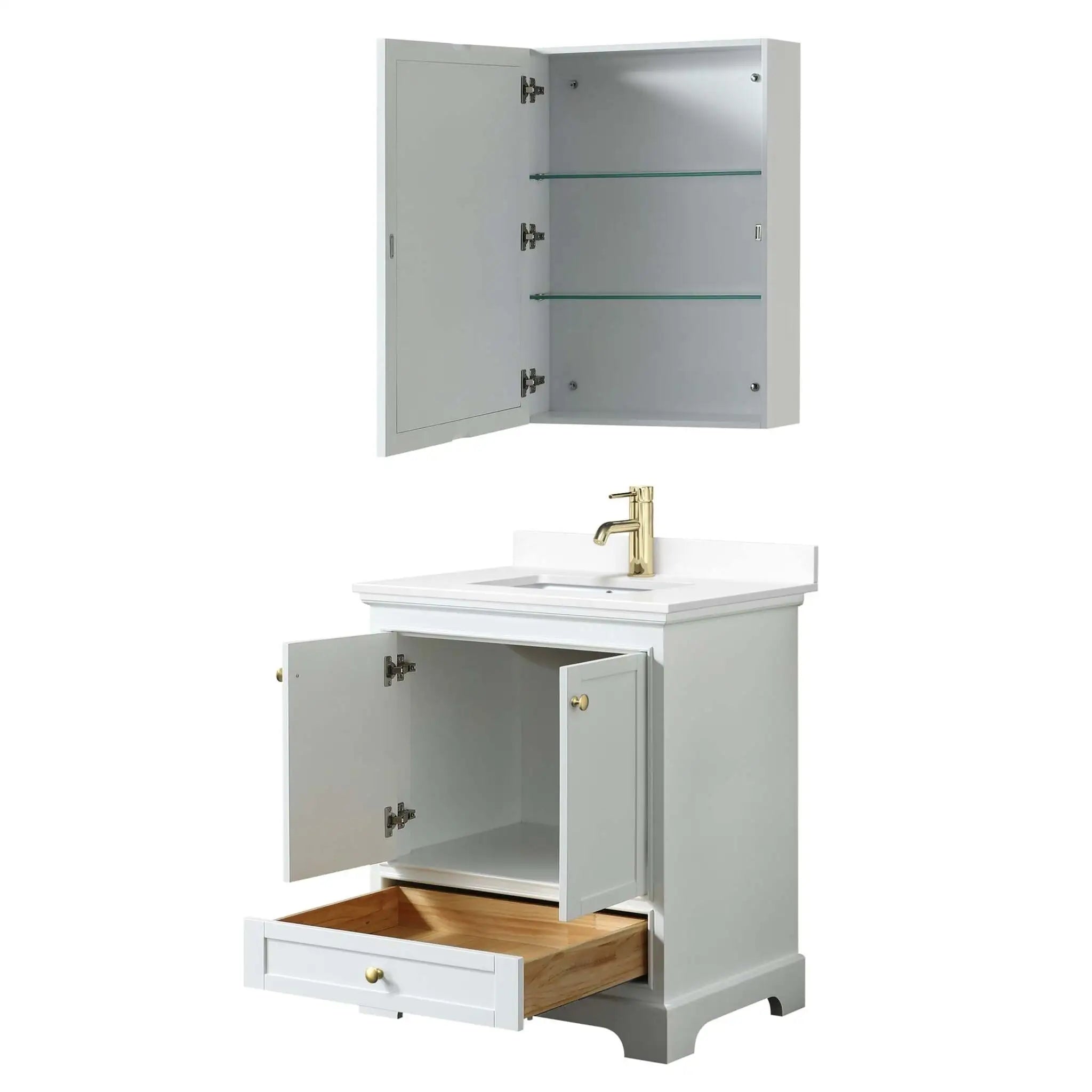 30" Deborah Single Bathroom Vanity in White with Brushed Gold Trim & Medicine Cabinet by Wyndham