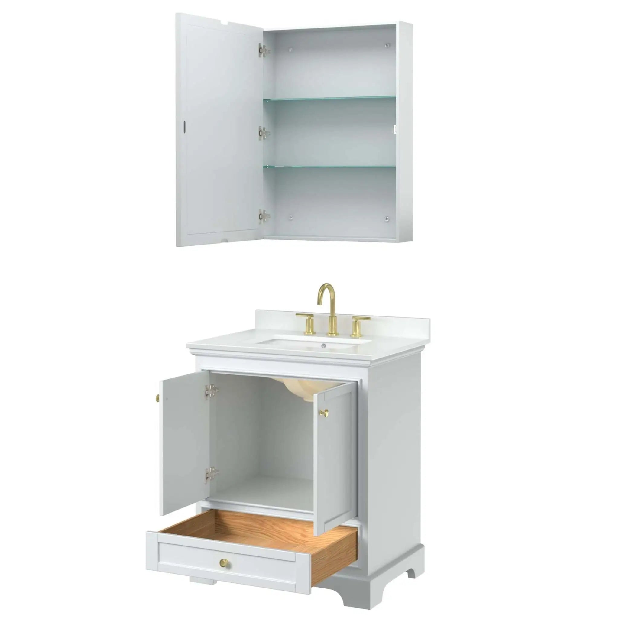 30" Deborah Single Bathroom Vanity in White with Brushed Gold Trim & Medicine Cabinet by Wyndham