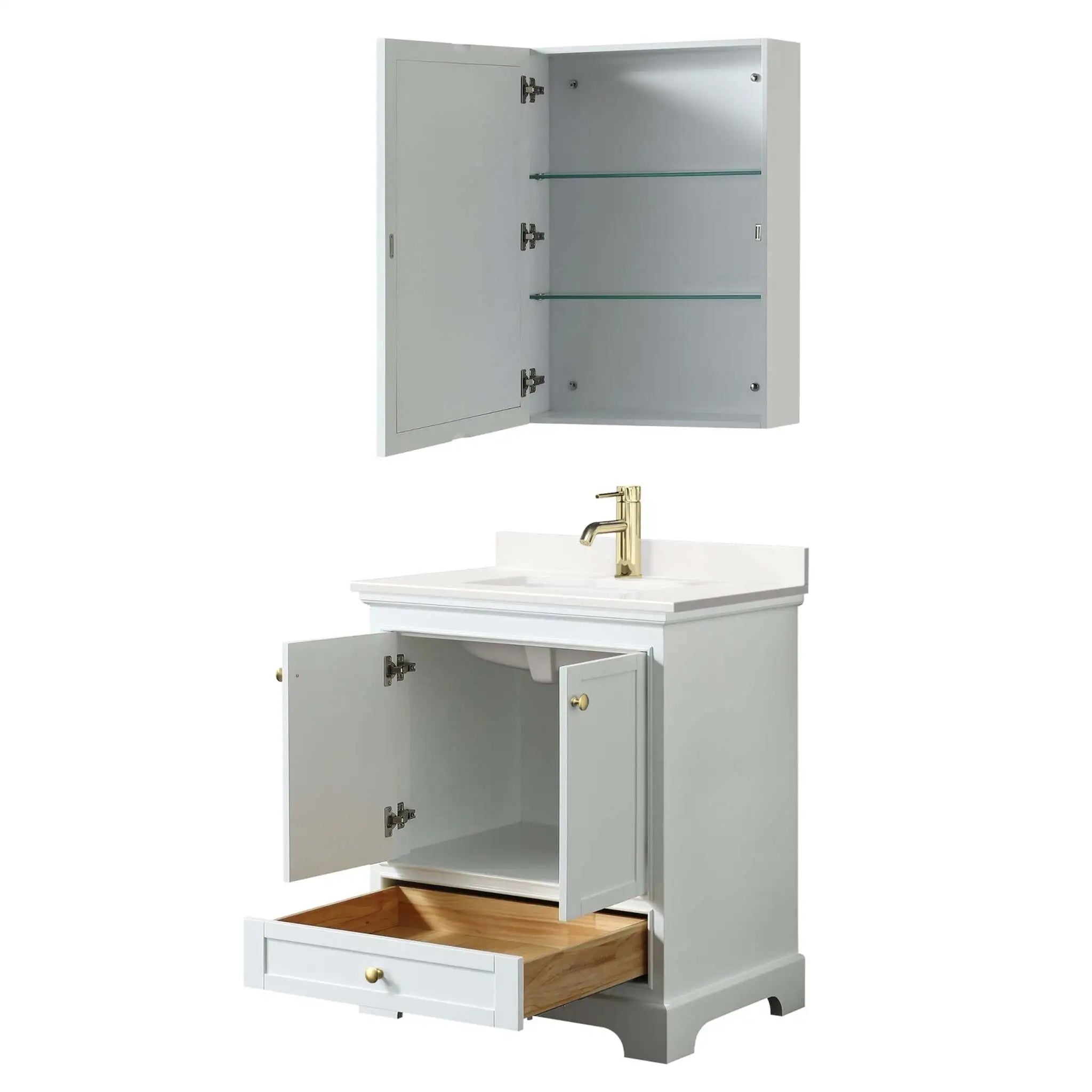 30" Deborah Single Bathroom Vanity in White with Brushed Gold Trim & Medicine Cabinet by Wyndham